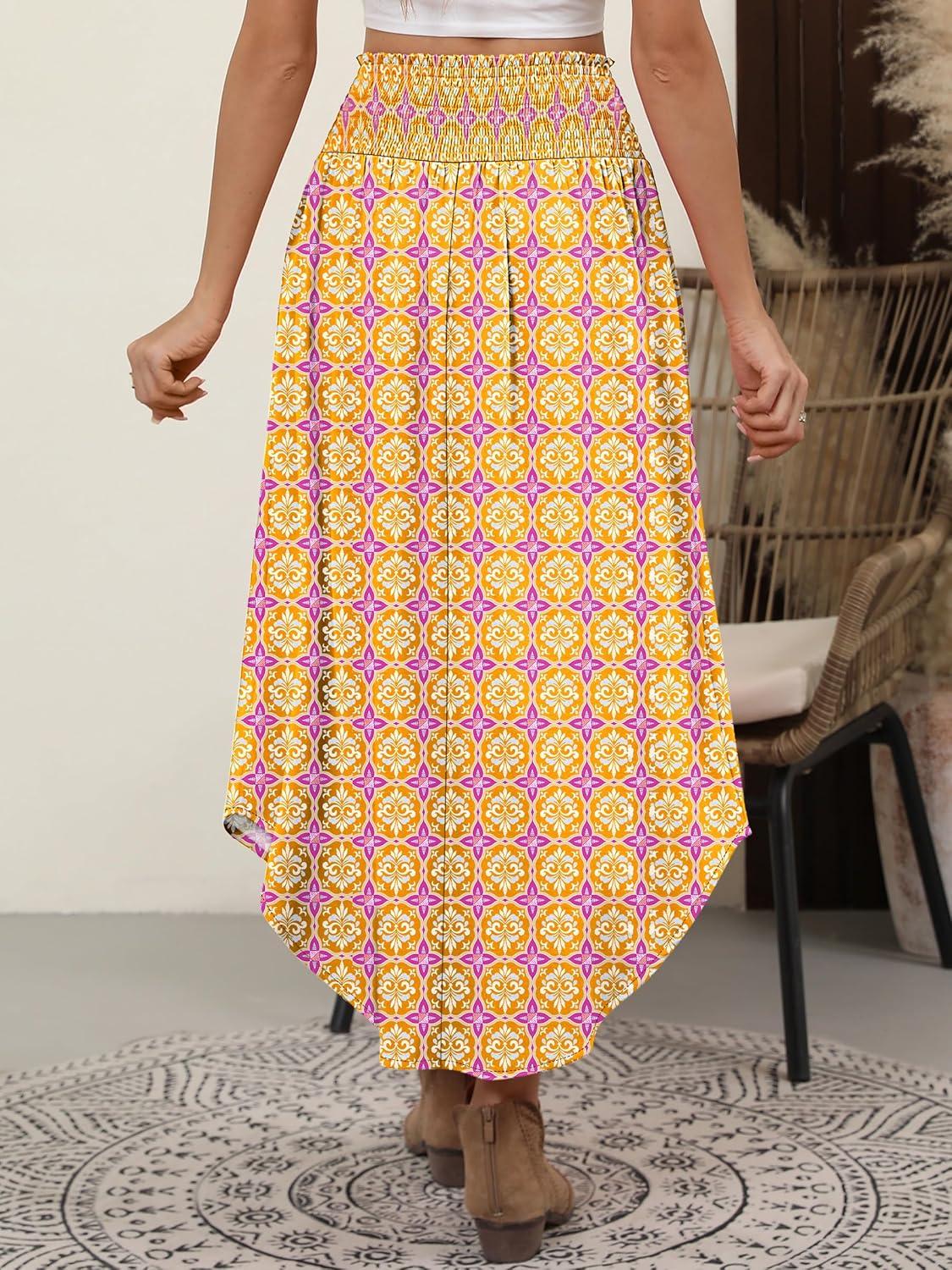 imageANRABESS Womens Maxi Skirts Summer Boho Floral High Waisted Flowy Swing Pleated Beach Long Skirt with PocketsFloral Yellow Purple