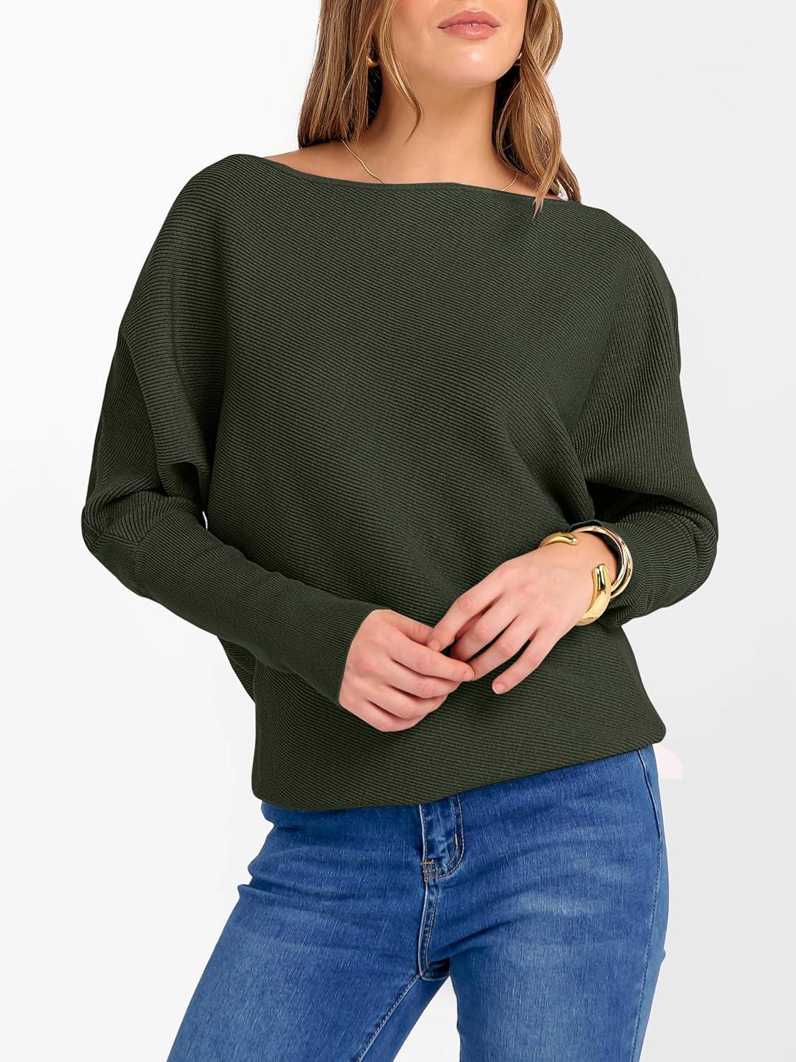 imageANRABESS Womens Off Shoulder Sweaters 2025 Fall Long Batwing Sleeve Loose Fit Knit Tops Casual Pullovers JumpersArmy Green