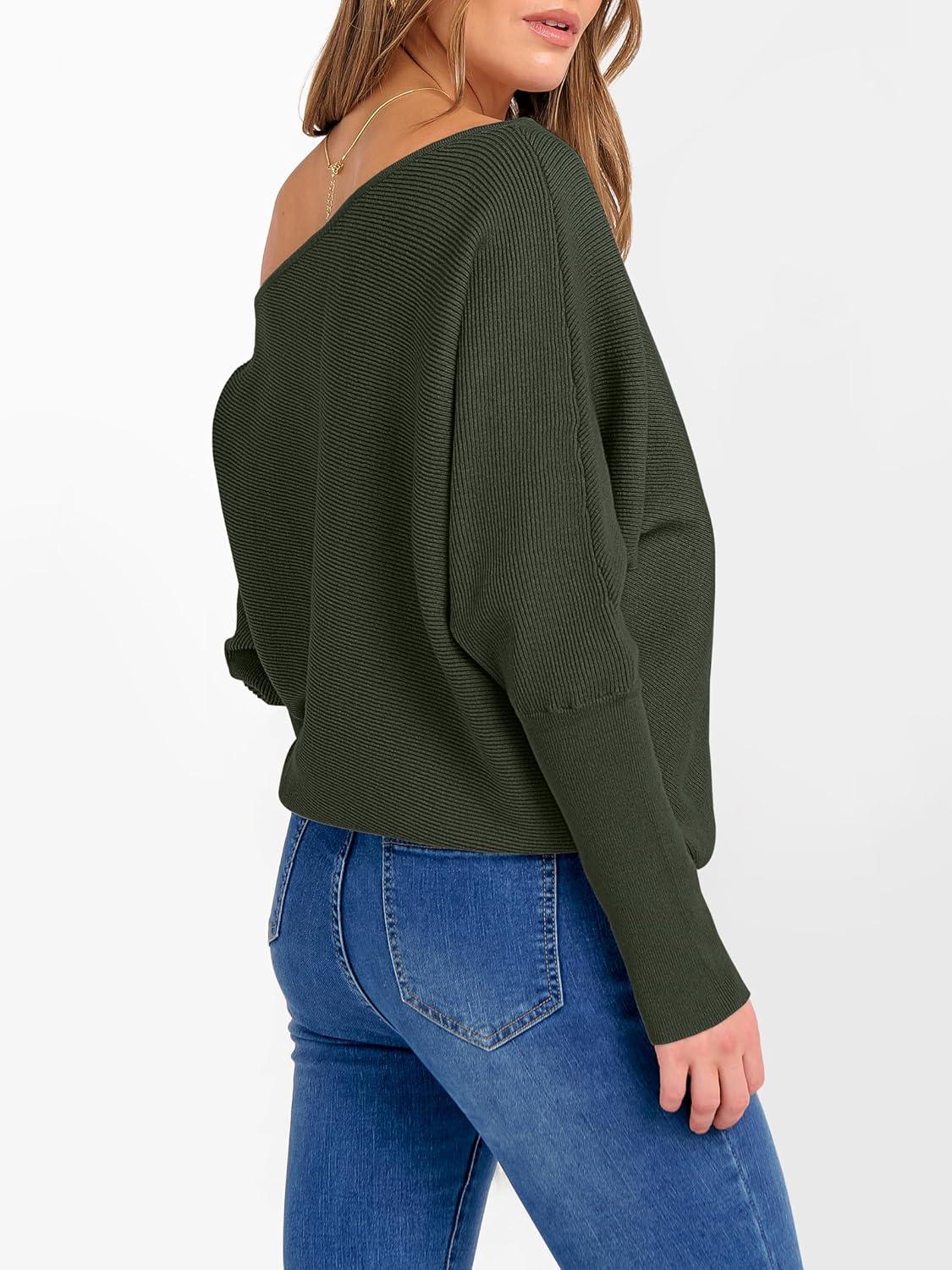 imageANRABESS Womens Off Shoulder Sweaters 2025 Fall Long Batwing Sleeve Loose Fit Knit Tops Casual Pullovers JumpersArmy Green