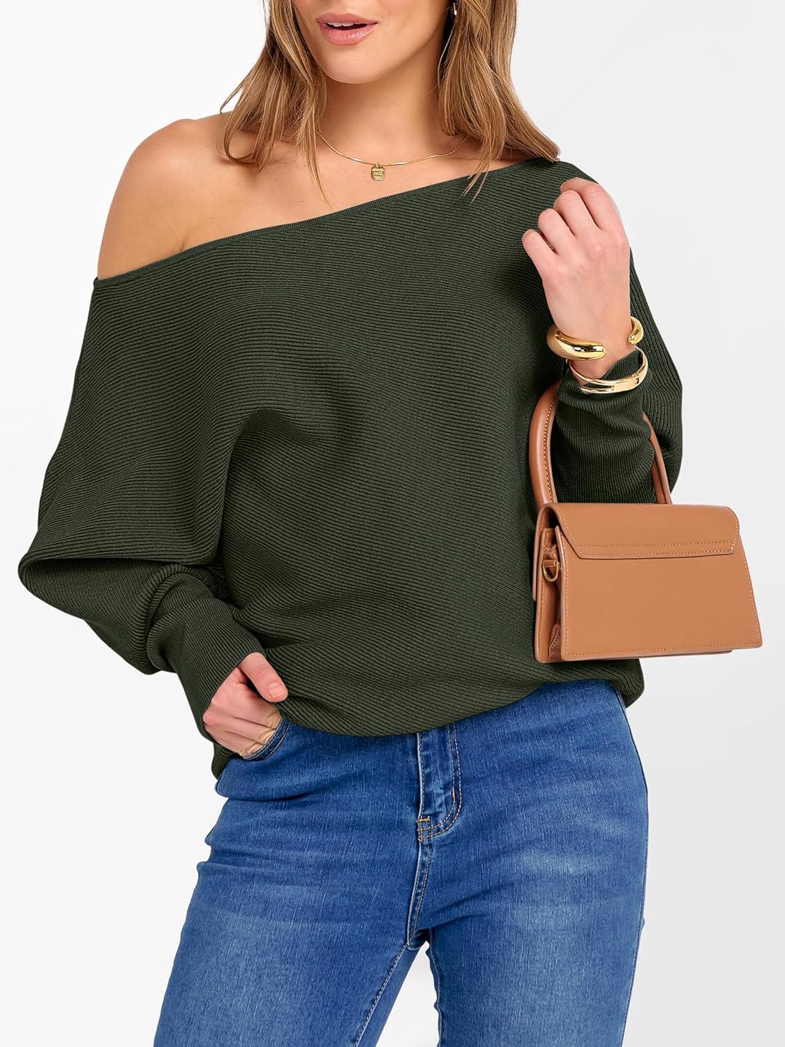 imageANRABESS Womens Off Shoulder Sweaters 2025 Fall Long Batwing Sleeve Loose Fit Knit Tops Casual Pullovers JumpersArmy Green