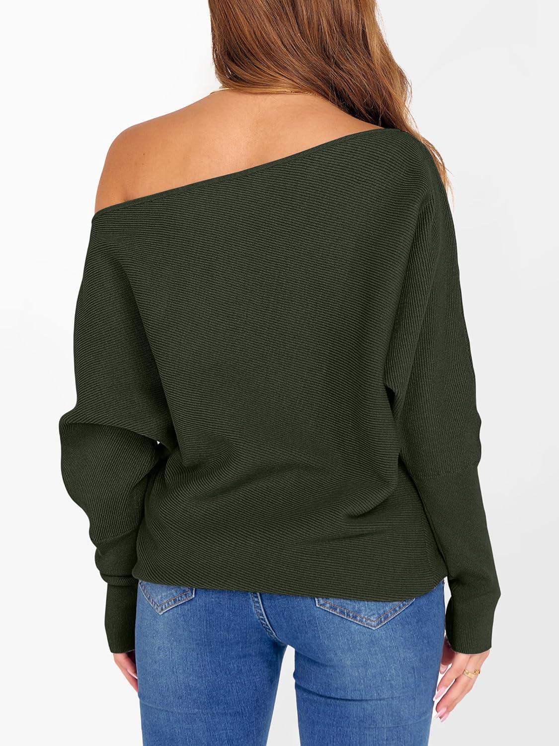 imageANRABESS Womens Off Shoulder Sweaters 2025 Fall Long Batwing Sleeve Loose Fit Knit Tops Casual Pullovers JumpersArmy Green