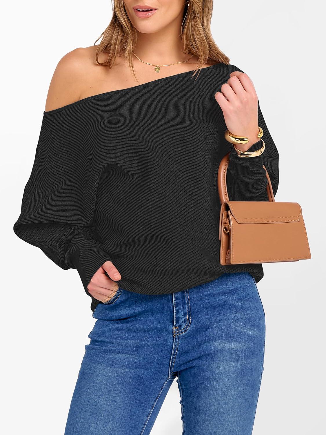 imageANRABESS Womens Off Shoulder Sweaters 2025 Fall Long Batwing Sleeve Loose Fit Knit Tops Casual Pullovers JumpersBlack