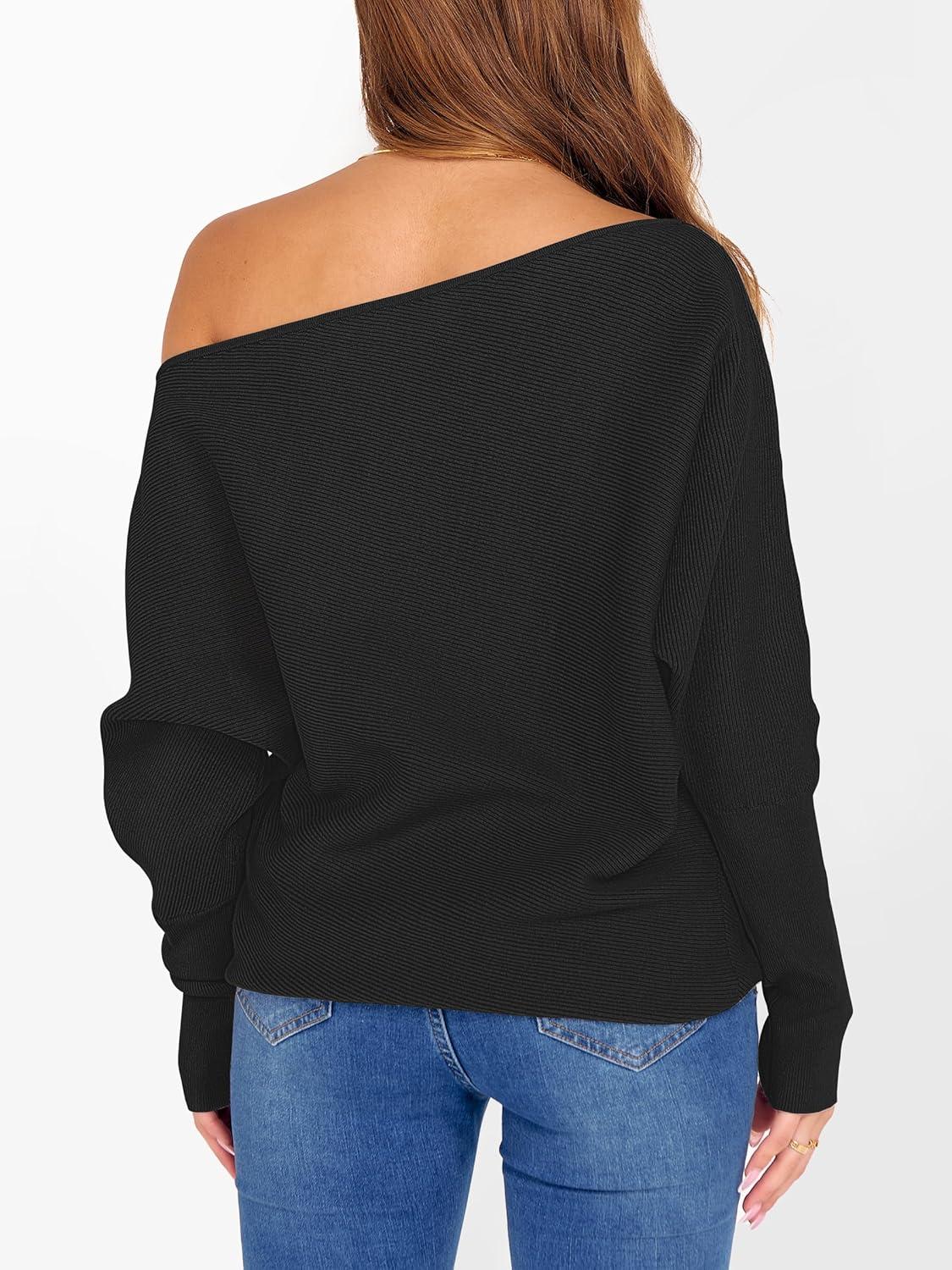 imageANRABESS Womens Off Shoulder Sweaters 2025 Fall Long Batwing Sleeve Loose Fit Knit Tops Casual Pullovers JumpersBlack