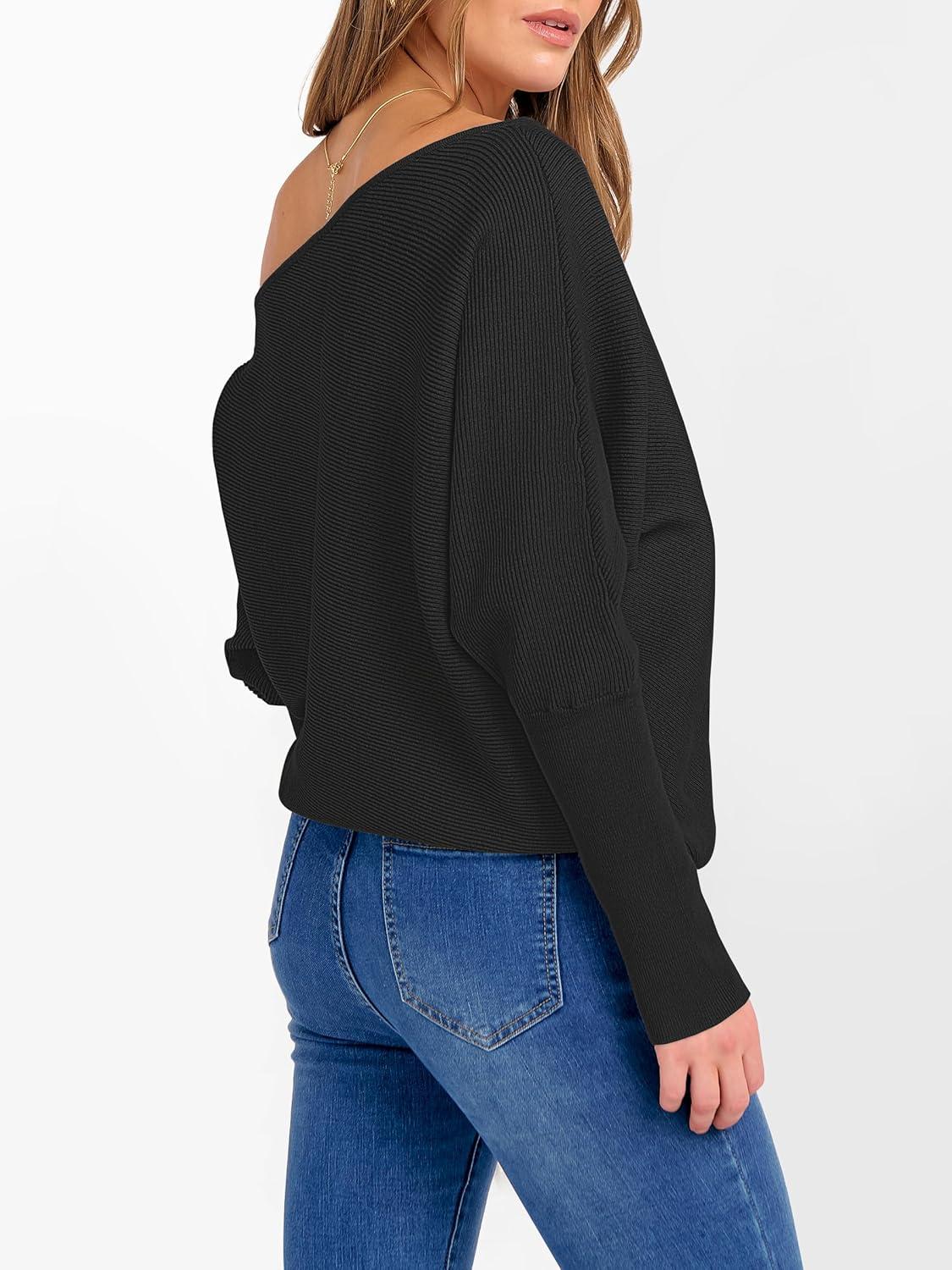 imageANRABESS Womens Off Shoulder Sweaters 2025 Fall Long Batwing Sleeve Loose Fit Knit Tops Casual Pullovers JumpersBlack