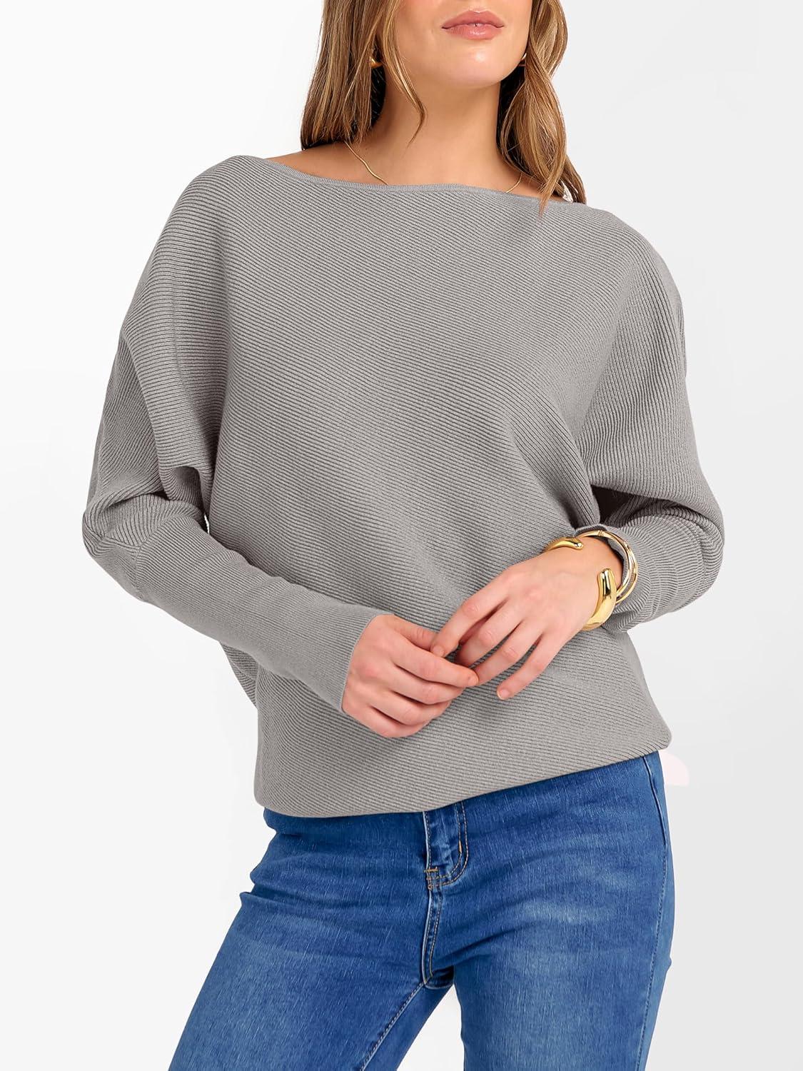 imageANRABESS Womens Off Shoulder Sweaters 2025 Fall Long Batwing Sleeve Loose Fit Knit Tops Casual Pullovers JumpersGray Apricot