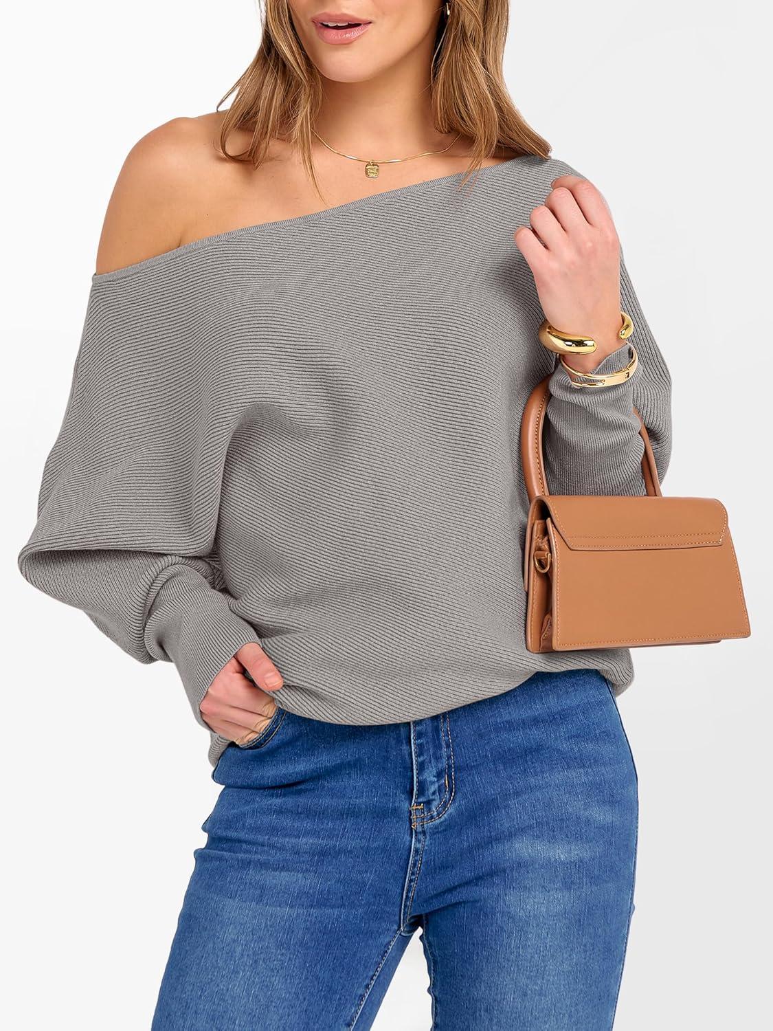imageANRABESS Womens Off Shoulder Sweaters 2025 Fall Long Batwing Sleeve Loose Fit Knit Tops Casual Pullovers JumpersGray Apricot