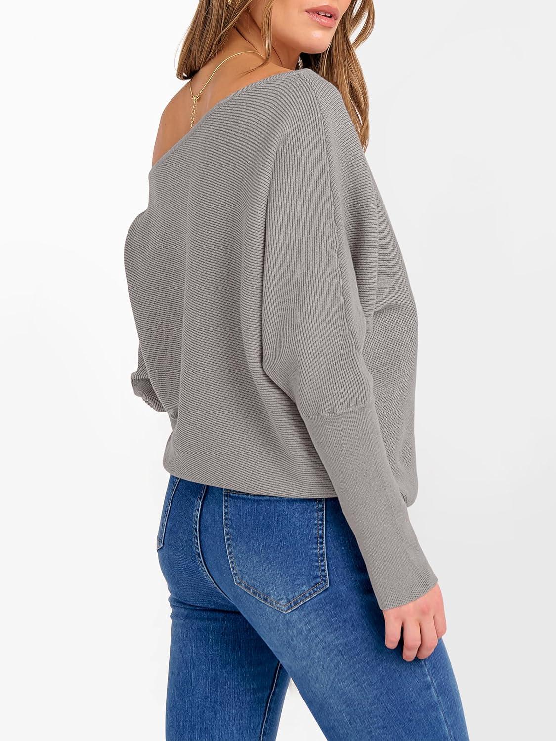 imageANRABESS Womens Off Shoulder Sweaters 2025 Fall Long Batwing Sleeve Loose Fit Knit Tops Casual Pullovers JumpersGray Apricot