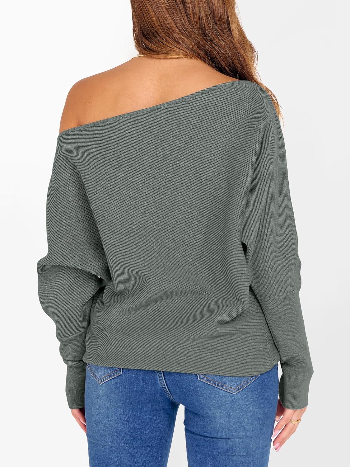 imageANRABESS Womens Off Shoulder Sweaters 2025 Fall Long Batwing Sleeve Loose Fit Knit Tops Casual Pullovers JumpersGrey Green
