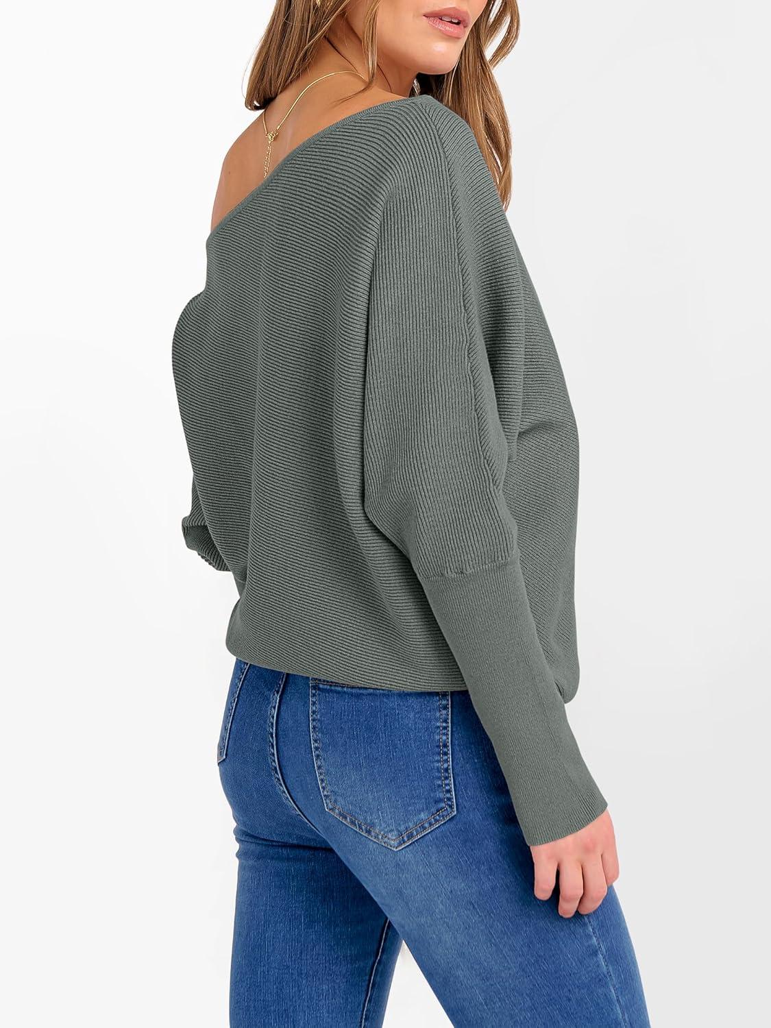 imageANRABESS Womens Off Shoulder Sweaters 2025 Fall Long Batwing Sleeve Loose Fit Knit Tops Casual Pullovers JumpersGrey Green