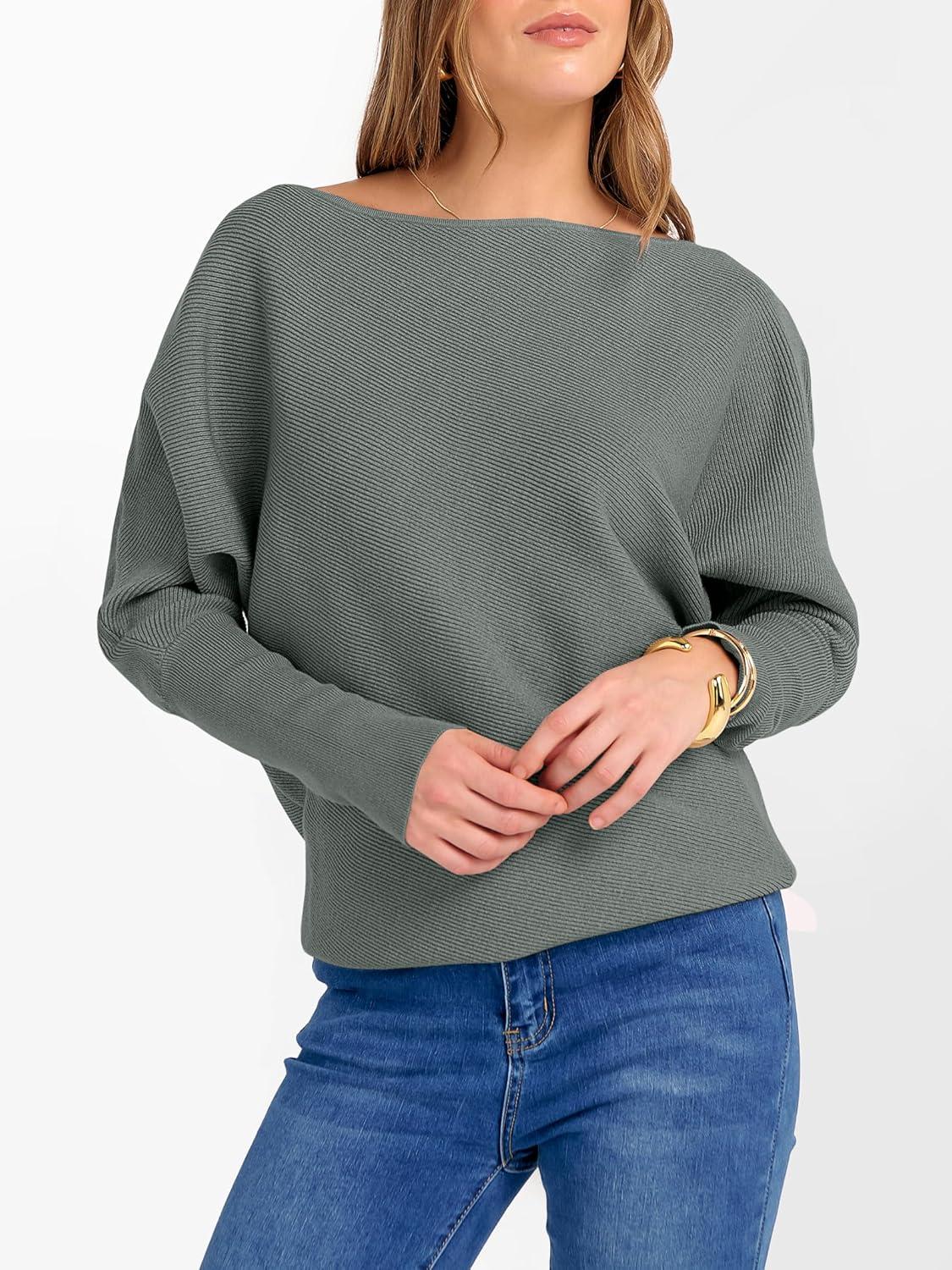imageANRABESS Womens Off Shoulder Sweaters 2025 Fall Long Batwing Sleeve Loose Fit Knit Tops Casual Pullovers JumpersGrey Green
