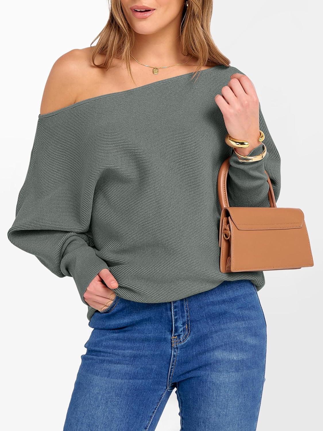 imageANRABESS Womens Off Shoulder Sweaters 2025 Fall Long Batwing Sleeve Loose Fit Knit Tops Casual Pullovers JumpersGrey Green