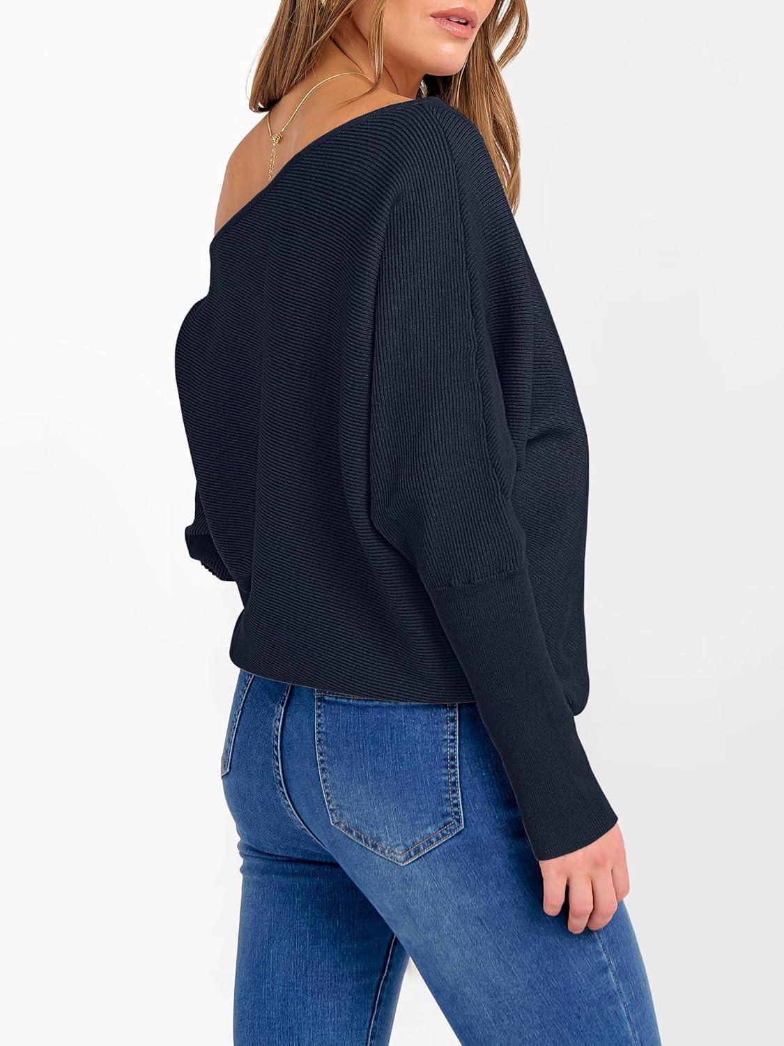 imageANRABESS Womens Off Shoulder Sweaters 2025 Fall Long Batwing Sleeve Loose Fit Knit Tops Casual Pullovers JumpersNavy Blue