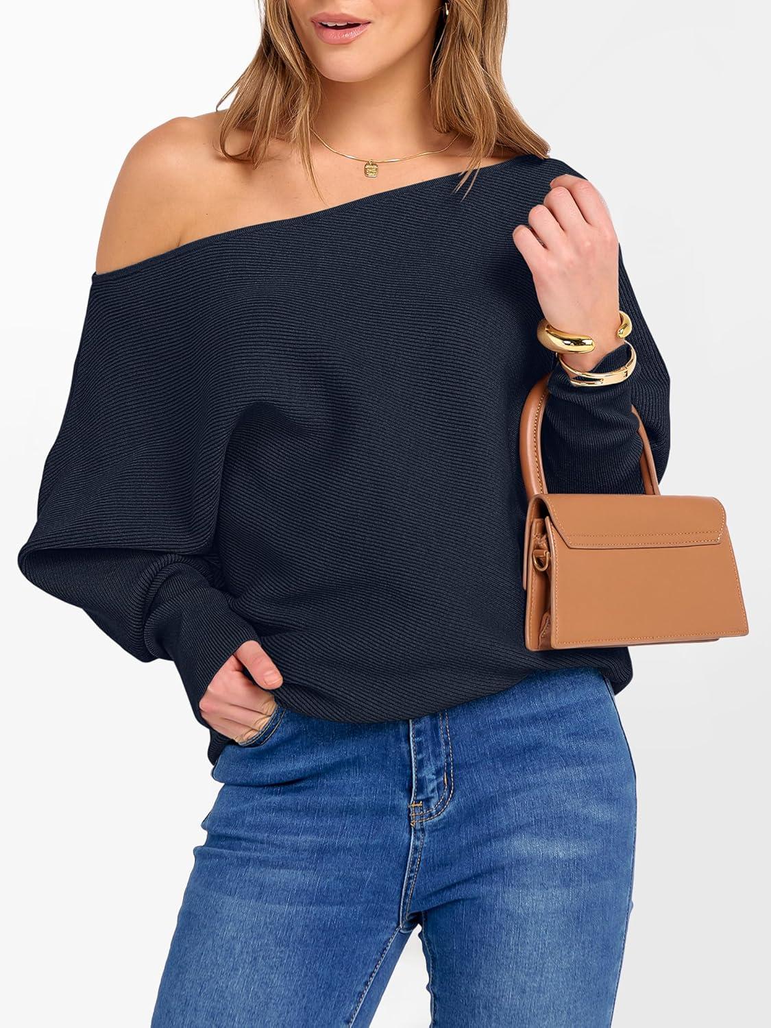 imageANRABESS Womens Off Shoulder Sweaters 2025 Fall Long Batwing Sleeve Loose Fit Knit Tops Casual Pullovers JumpersNavy Blue