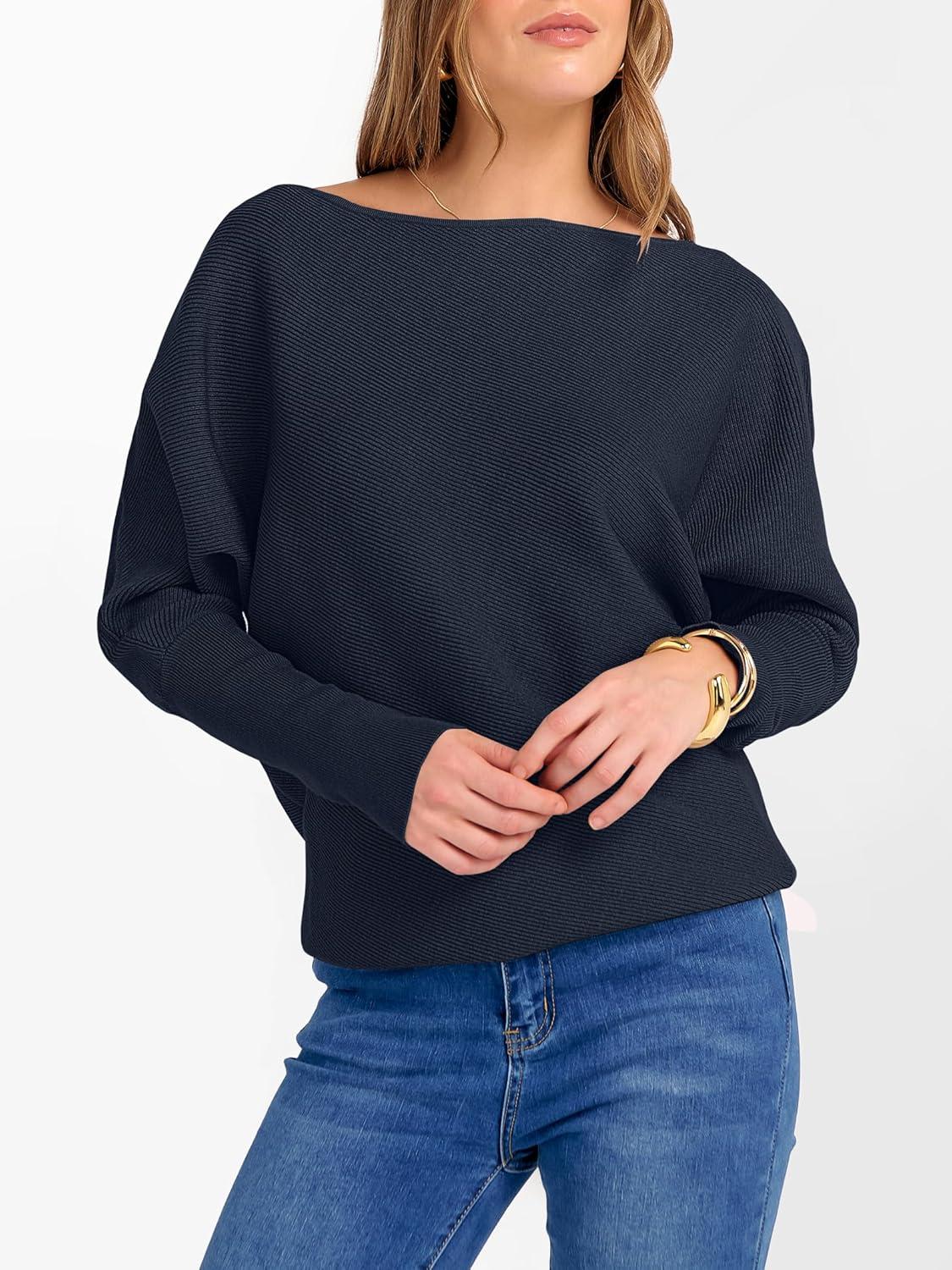 imageANRABESS Womens Off Shoulder Sweaters 2025 Fall Long Batwing Sleeve Loose Fit Knit Tops Casual Pullovers JumpersNavy Blue
