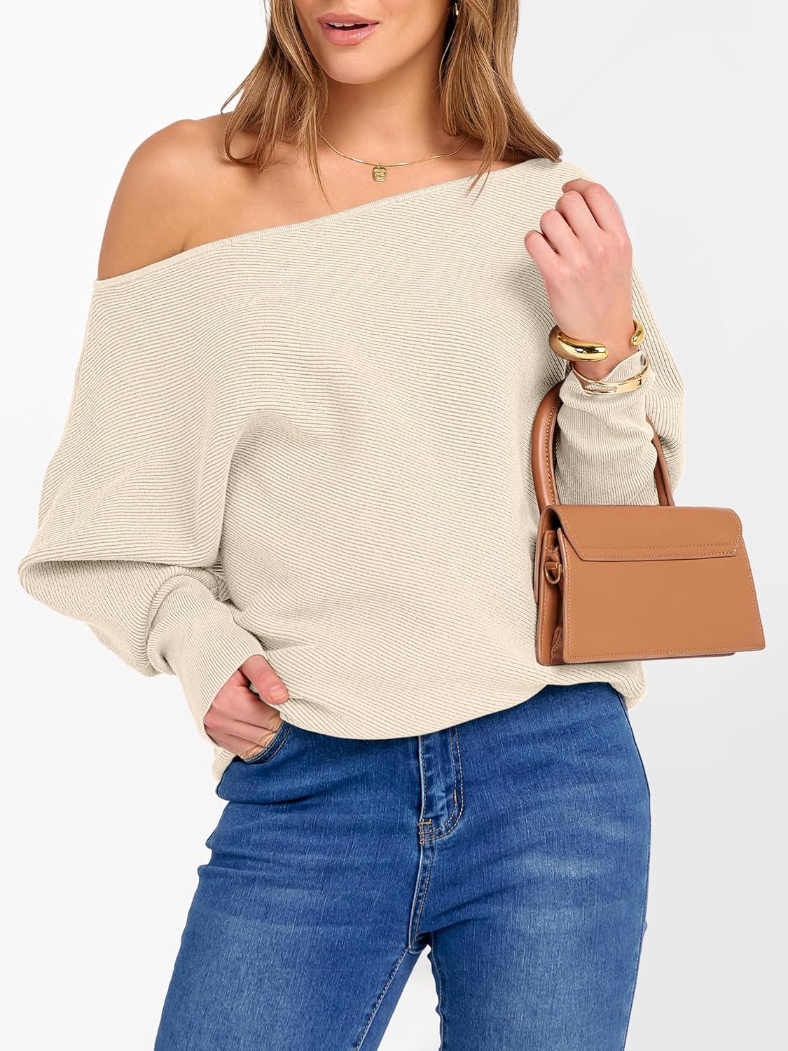 imageANRABESS Womens Off Shoulder Sweaters 2025 Fall Long Batwing Sleeve Loose Fit Knit Tops Casual Pullovers JumpersParchment