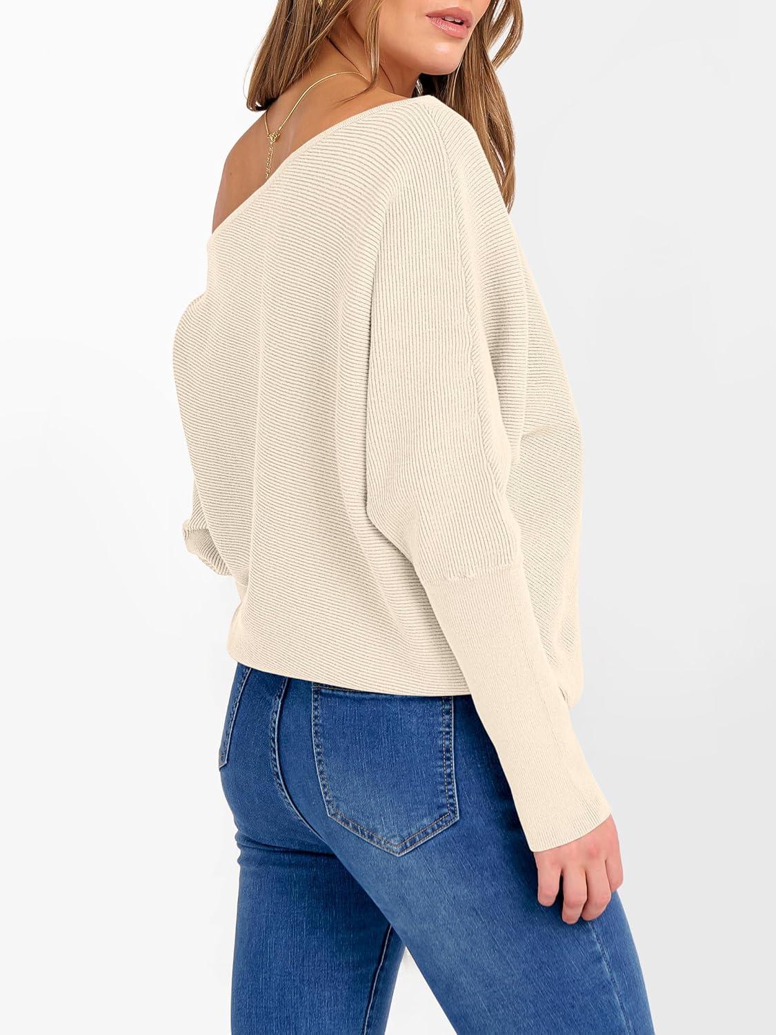 imageANRABESS Womens Off Shoulder Sweaters 2025 Fall Long Batwing Sleeve Loose Fit Knit Tops Casual Pullovers JumpersParchment