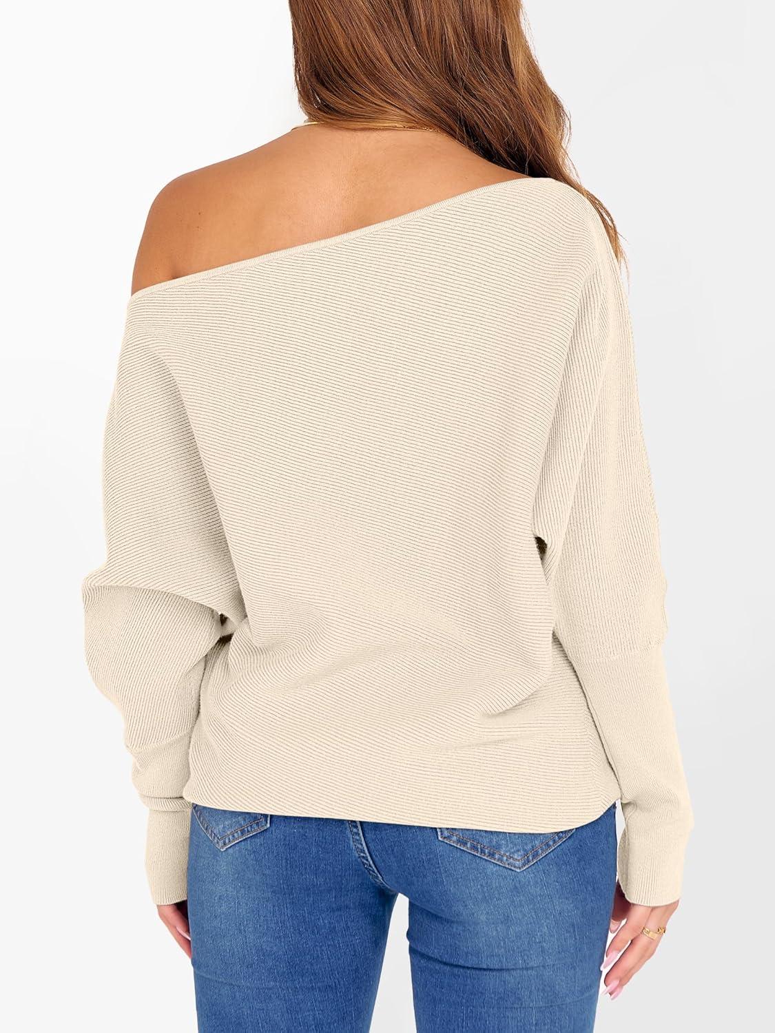 imageANRABESS Womens Off Shoulder Sweaters 2025 Fall Long Batwing Sleeve Loose Fit Knit Tops Casual Pullovers JumpersParchment