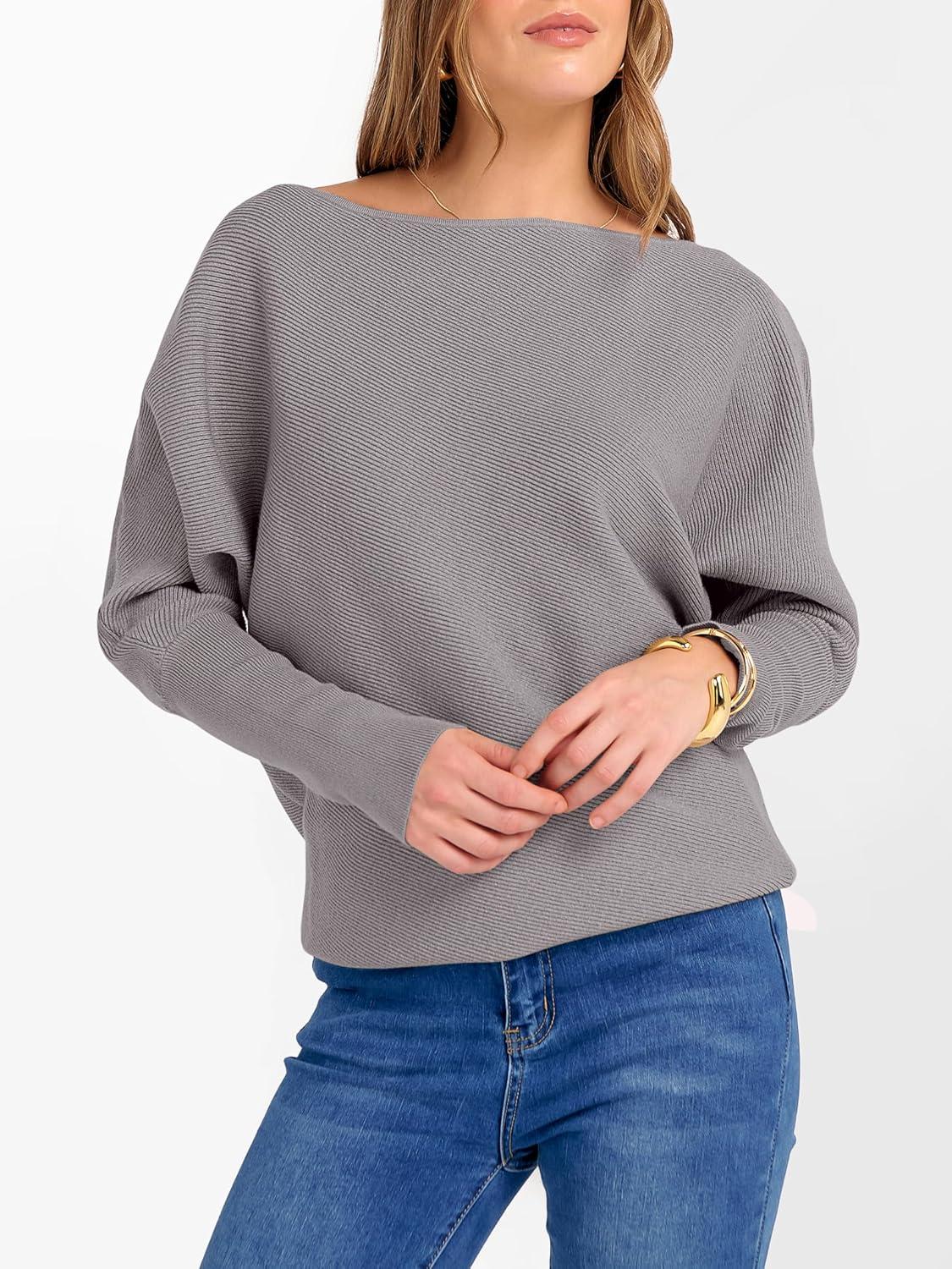 imageANRABESS Womens Off Shoulder Sweaters 2025 Fall Long Batwing Sleeve Loose Fit Knit Tops Casual Pullovers JumpersPurple Taupe