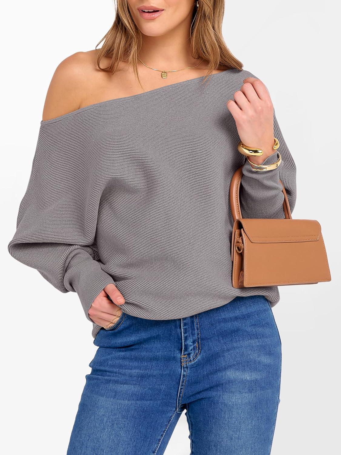 imageANRABESS Womens Off Shoulder Sweaters 2025 Fall Long Batwing Sleeve Loose Fit Knit Tops Casual Pullovers JumpersPurple Taupe