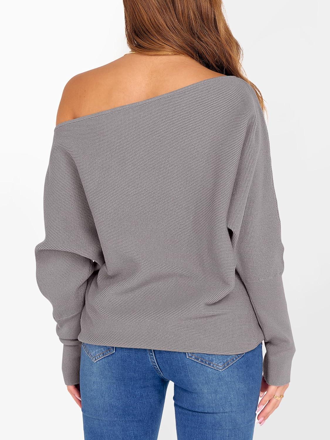imageANRABESS Womens Off Shoulder Sweaters 2025 Fall Long Batwing Sleeve Loose Fit Knit Tops Casual Pullovers JumpersPurple Taupe