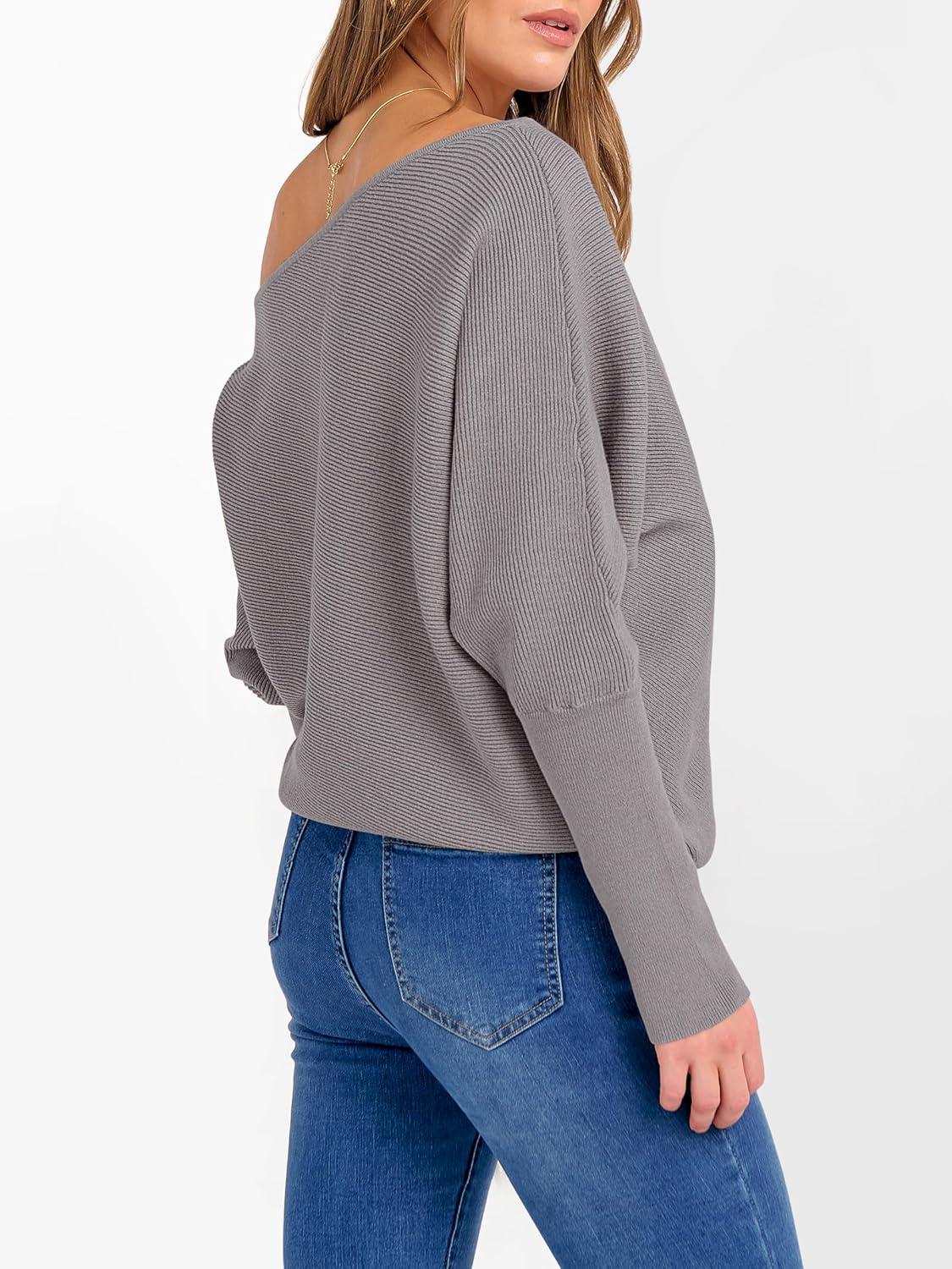 imageANRABESS Womens Off Shoulder Sweaters 2025 Fall Long Batwing Sleeve Loose Fit Knit Tops Casual Pullovers JumpersPurple Taupe