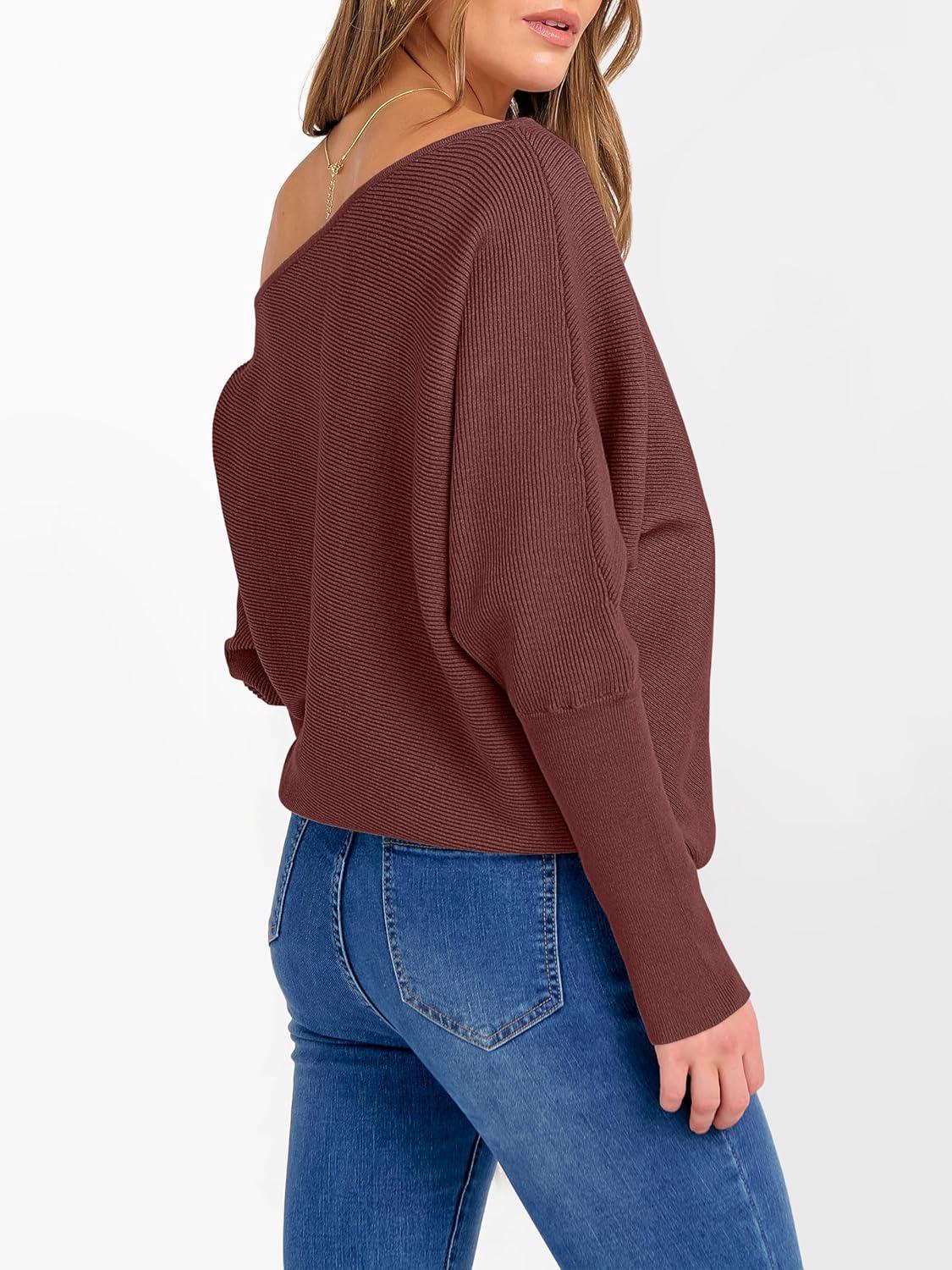 imageANRABESS Womens Off Shoulder Sweaters 2025 Fall Long Batwing Sleeve Loose Fit Knit Tops Casual Pullovers JumpersRust