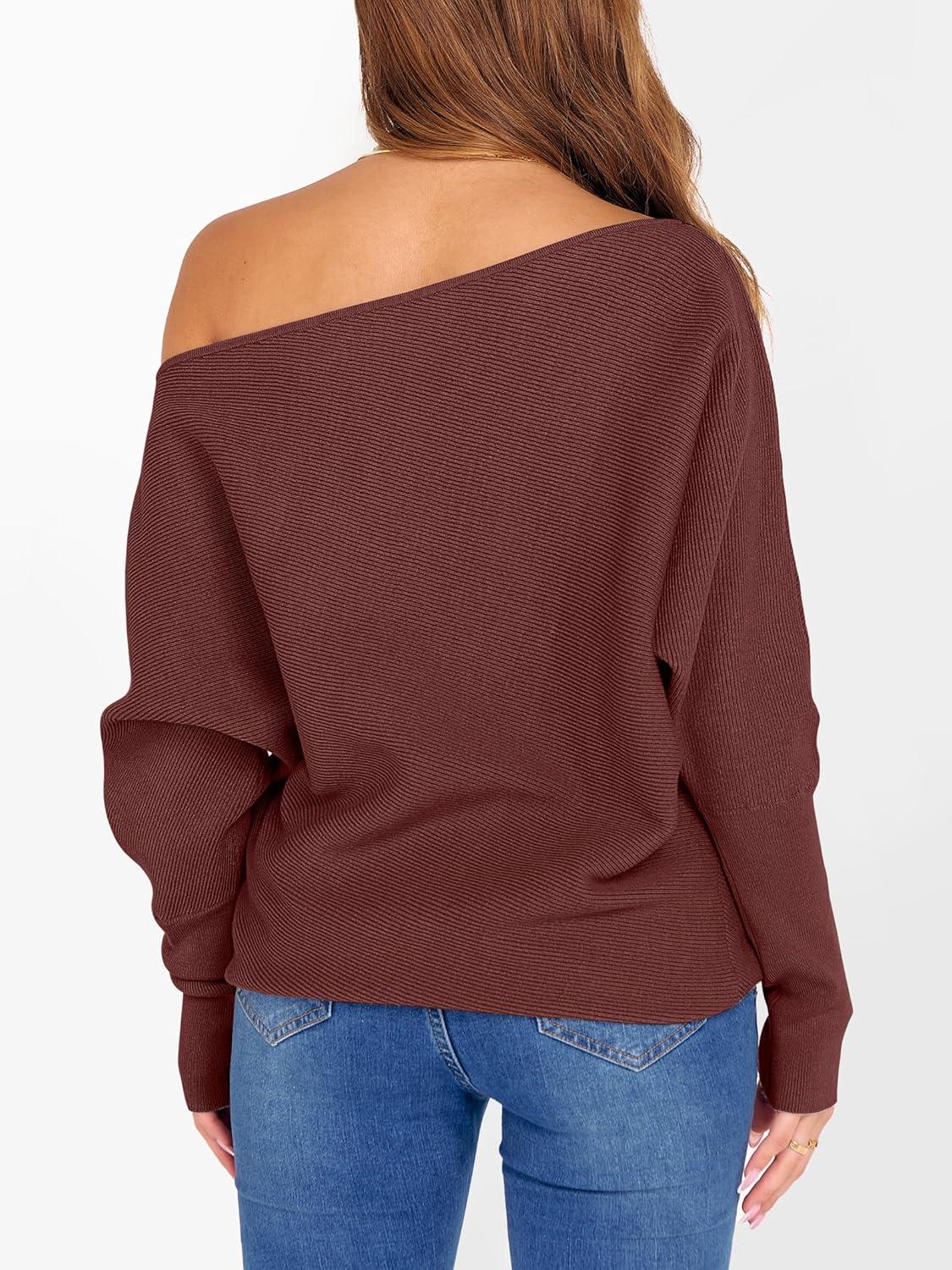imageANRABESS Womens Off Shoulder Sweaters 2025 Fall Long Batwing Sleeve Loose Fit Knit Tops Casual Pullovers JumpersRust