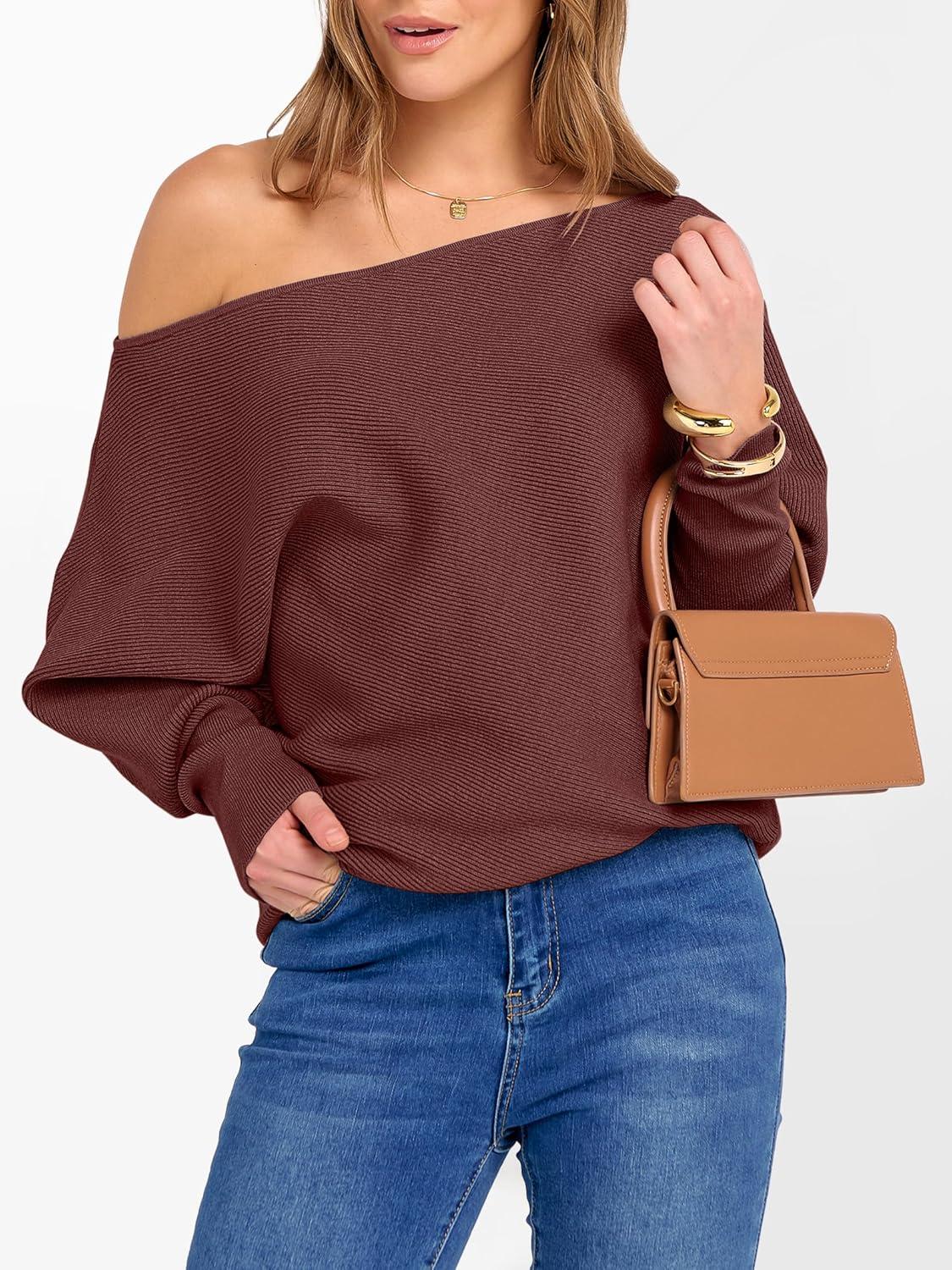imageANRABESS Womens Off Shoulder Sweaters 2025 Fall Long Batwing Sleeve Loose Fit Knit Tops Casual Pullovers JumpersRust