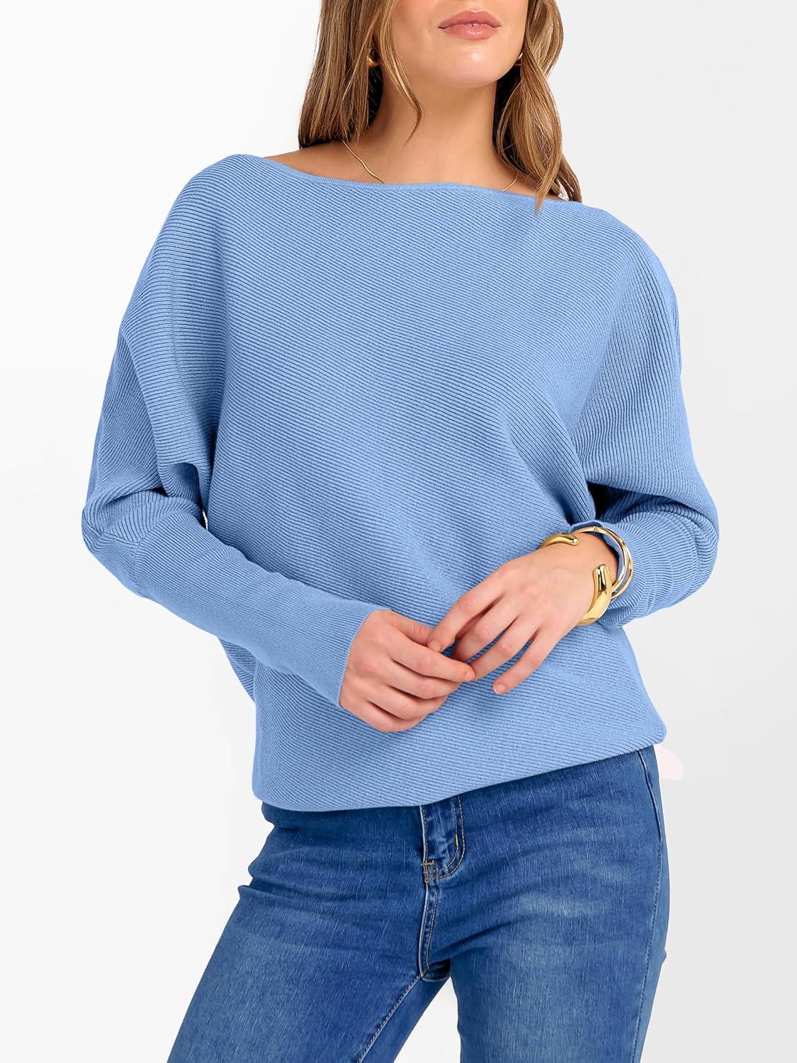 imageANRABESS Womens Off Shoulder Sweaters 2025 Fall Long Batwing Sleeve Loose Fit Knit Tops Casual Pullovers JumpersSky