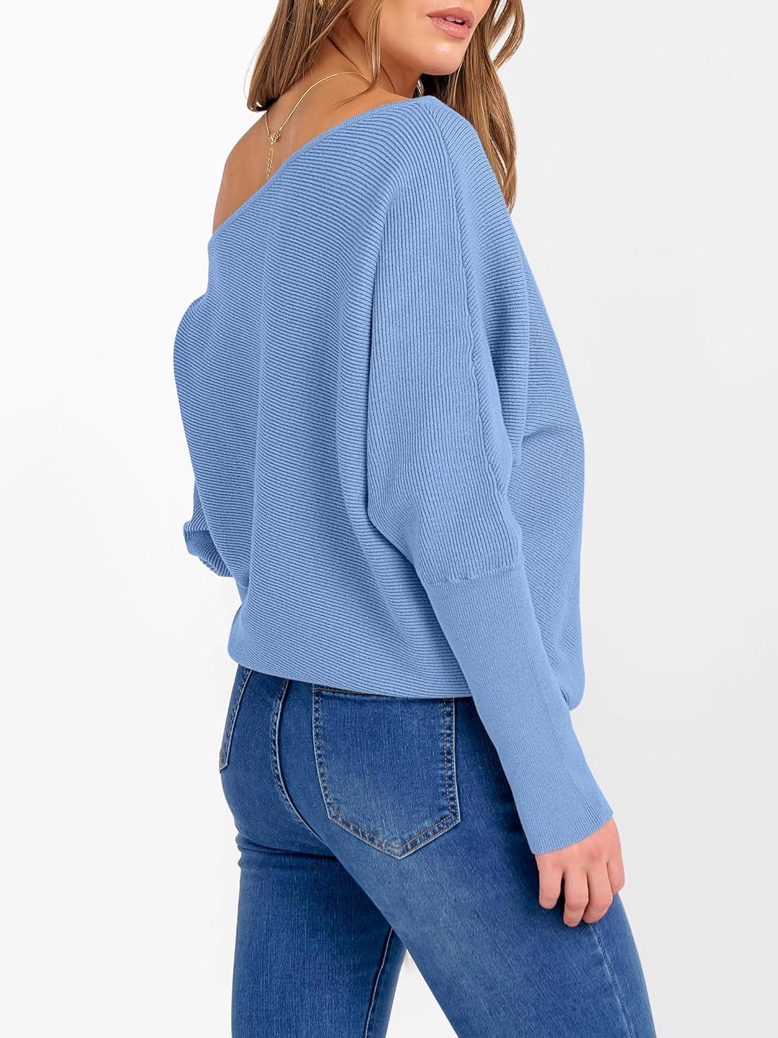 imageANRABESS Womens Off Shoulder Sweaters 2025 Fall Long Batwing Sleeve Loose Fit Knit Tops Casual Pullovers JumpersSky