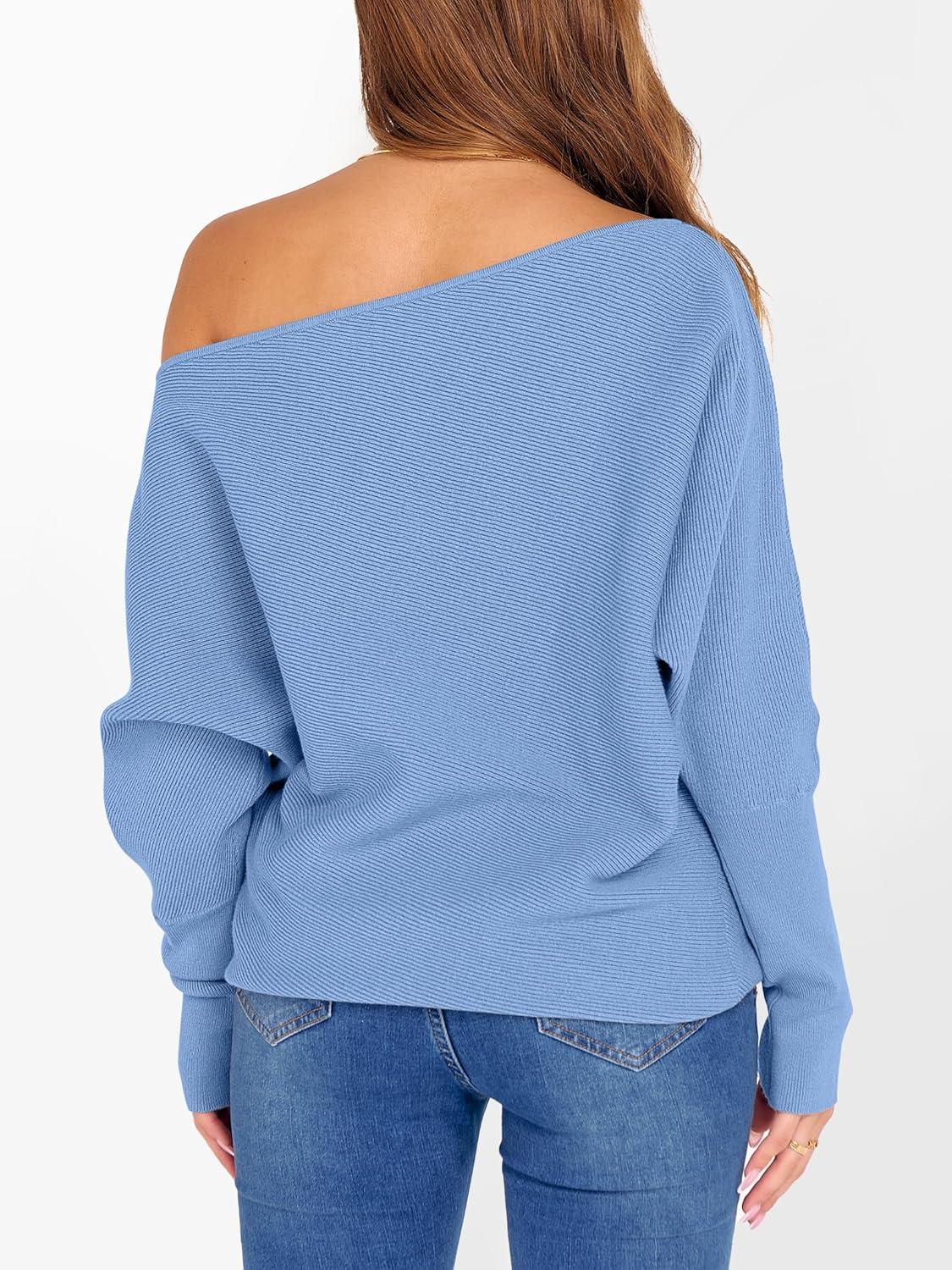 imageANRABESS Womens Off Shoulder Sweaters 2025 Fall Long Batwing Sleeve Loose Fit Knit Tops Casual Pullovers JumpersSky