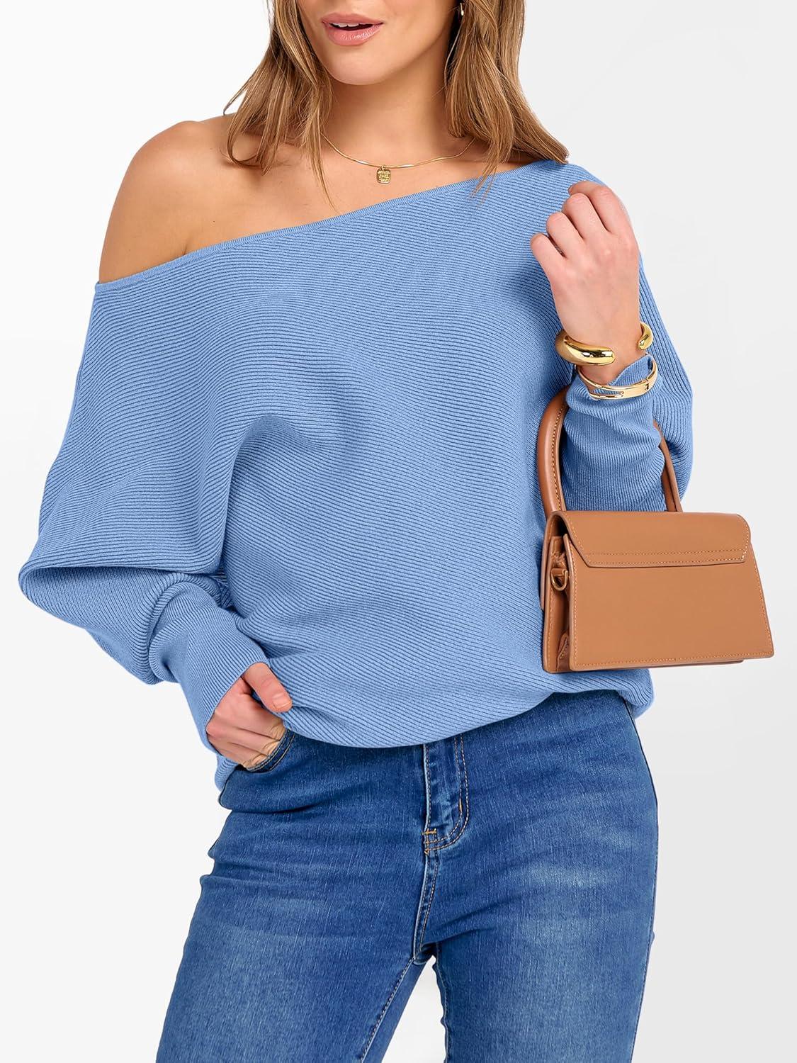 imageANRABESS Womens Off Shoulder Sweaters 2025 Fall Long Batwing Sleeve Loose Fit Knit Tops Casual Pullovers JumpersSky