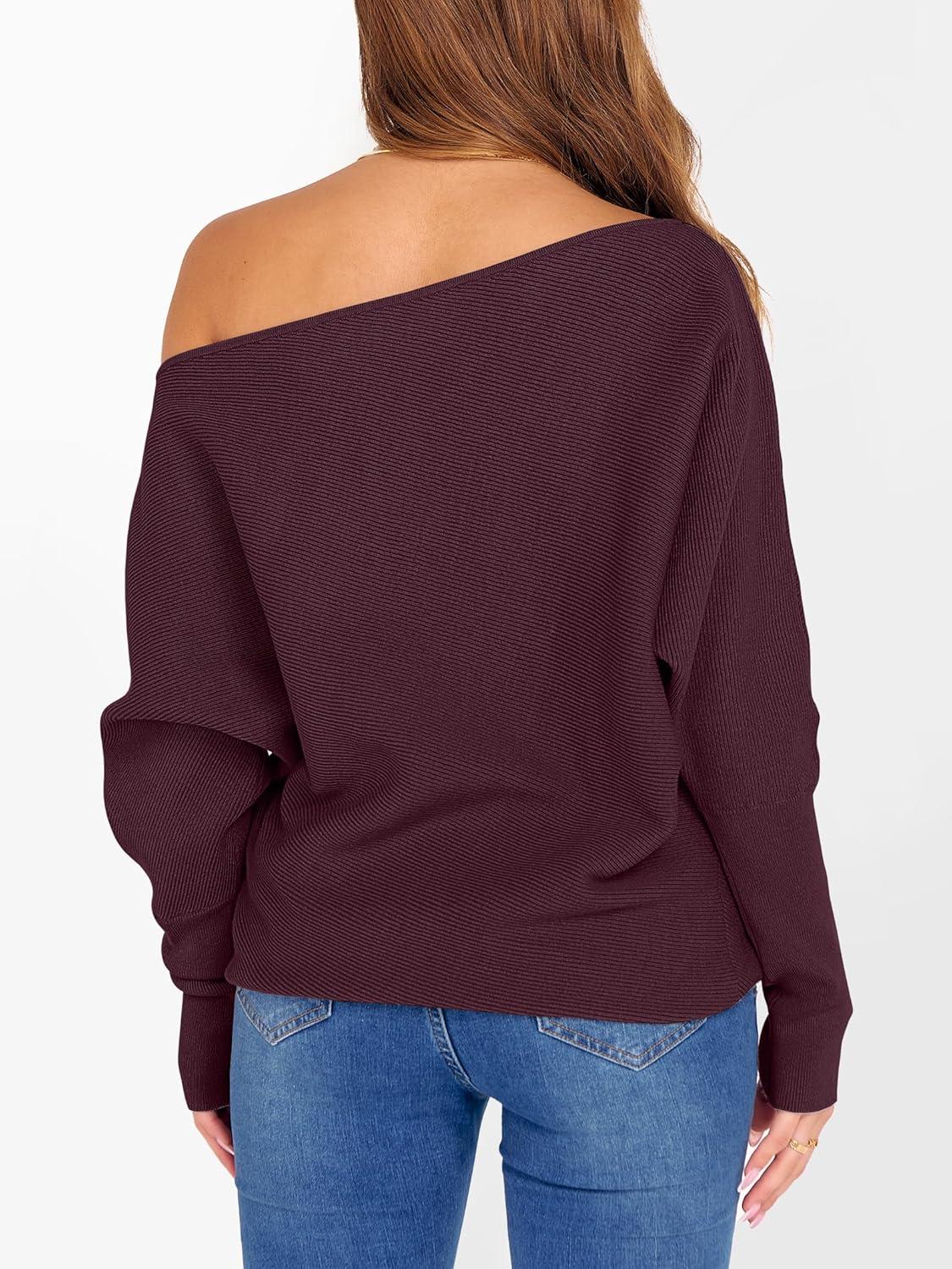 imageANRABESS Womens Off Shoulder Sweaters 2025 Fall Long Batwing Sleeve Loose Fit Knit Tops Casual Pullovers JumpersWine Red