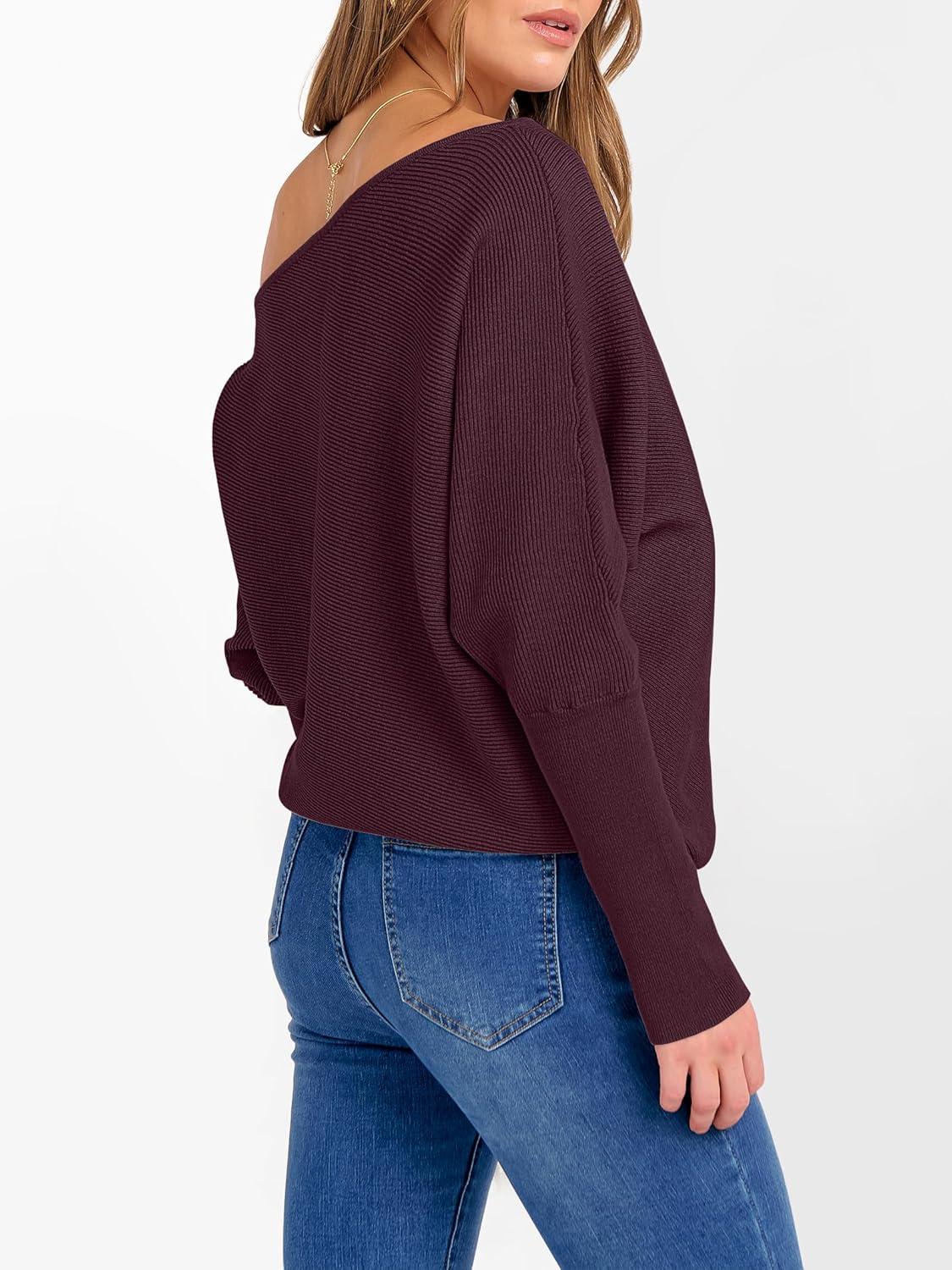 imageANRABESS Womens Off Shoulder Sweaters 2025 Fall Long Batwing Sleeve Loose Fit Knit Tops Casual Pullovers JumpersWine Red