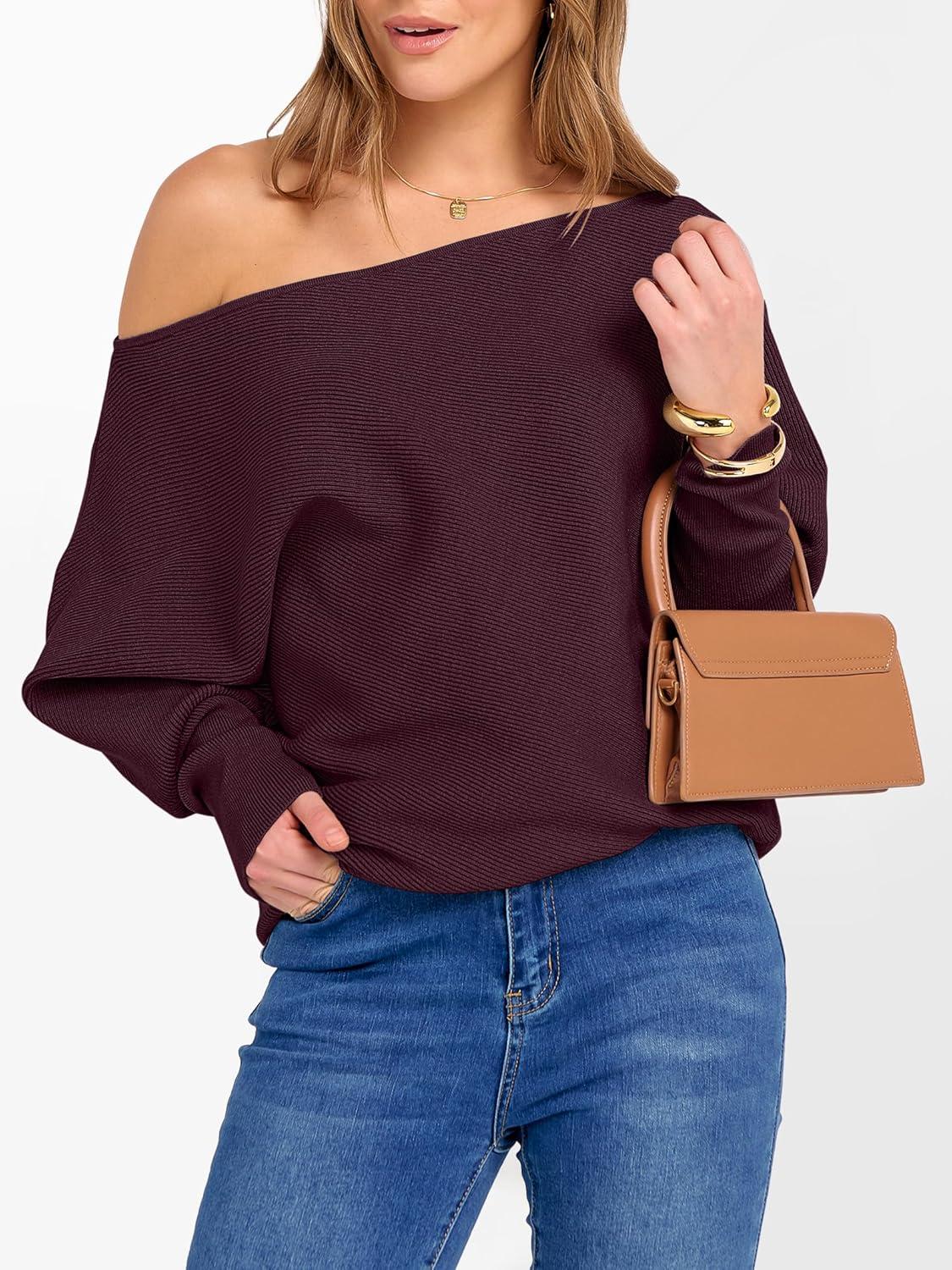 imageANRABESS Womens Off Shoulder Sweaters 2025 Fall Long Batwing Sleeve Loose Fit Knit Tops Casual Pullovers JumpersWine Red