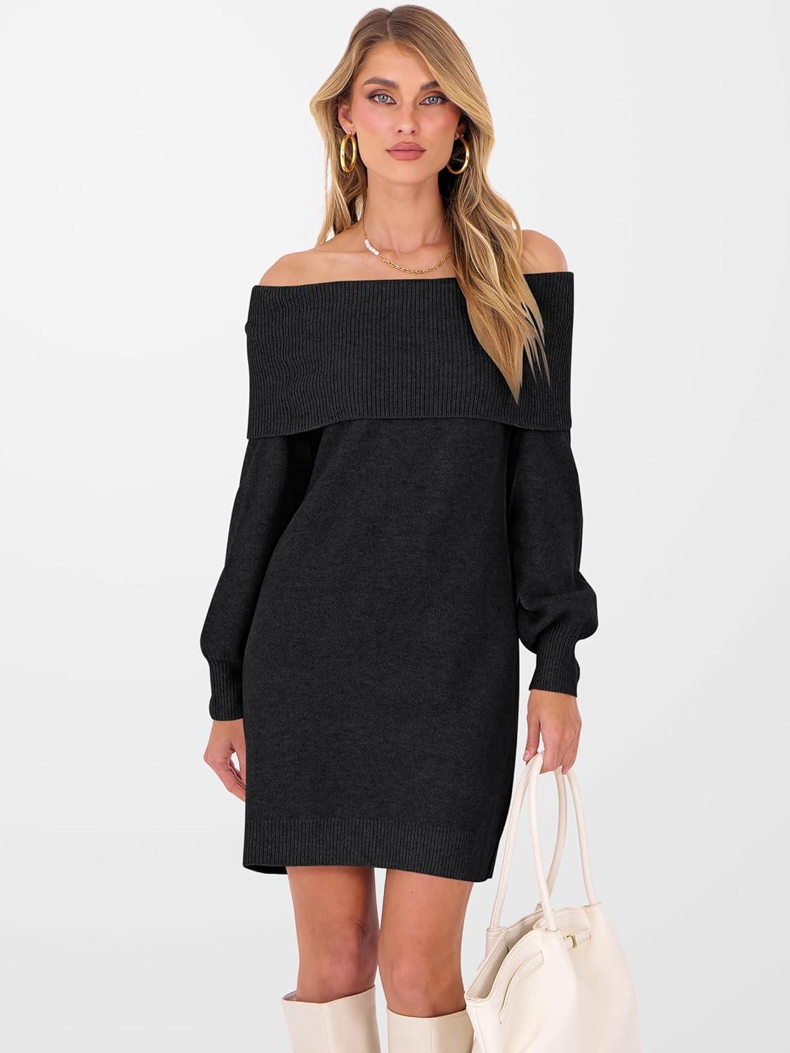imageANRABESS Womens Off The Shoulder Sweater Dress Casual Loose Knit 2025 Fall Winter Trendy Long Sleeve Pullover Mini DressesBlack