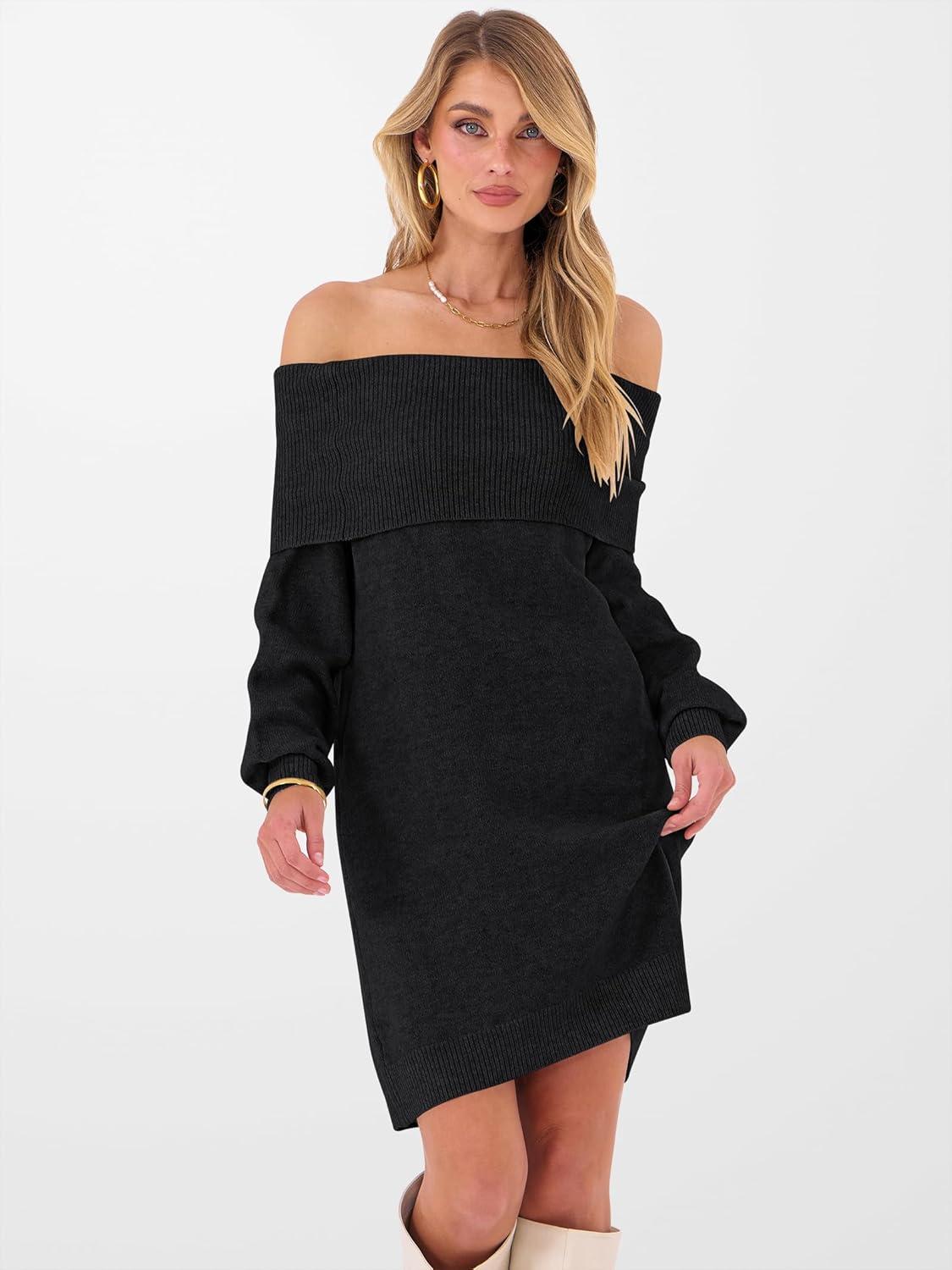 imageANRABESS Womens Off The Shoulder Sweater Dress Casual Loose Knit 2025 Fall Winter Trendy Long Sleeve Pullover Mini DressesBlack