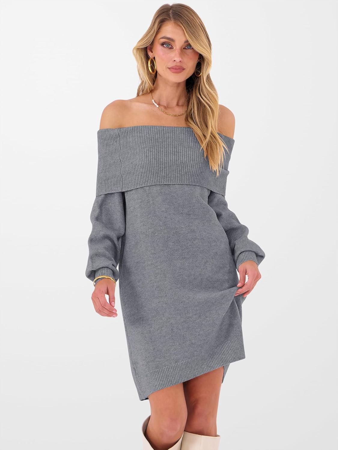 imageANRABESS Womens Off The Shoulder Sweater Dress Casual Loose Knit 2025 Fall Winter Trendy Long Sleeve Pullover Mini DressesGrey