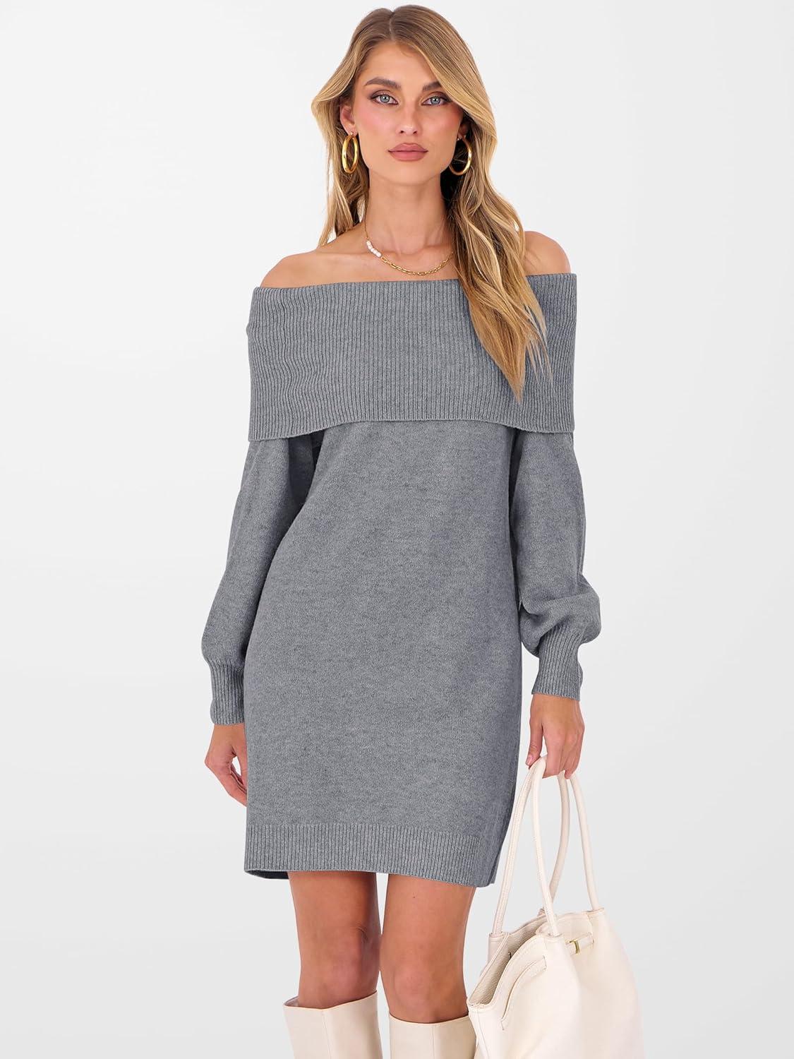imageANRABESS Womens Off The Shoulder Sweater Dress Casual Loose Knit 2025 Fall Winter Trendy Long Sleeve Pullover Mini DressesGrey
