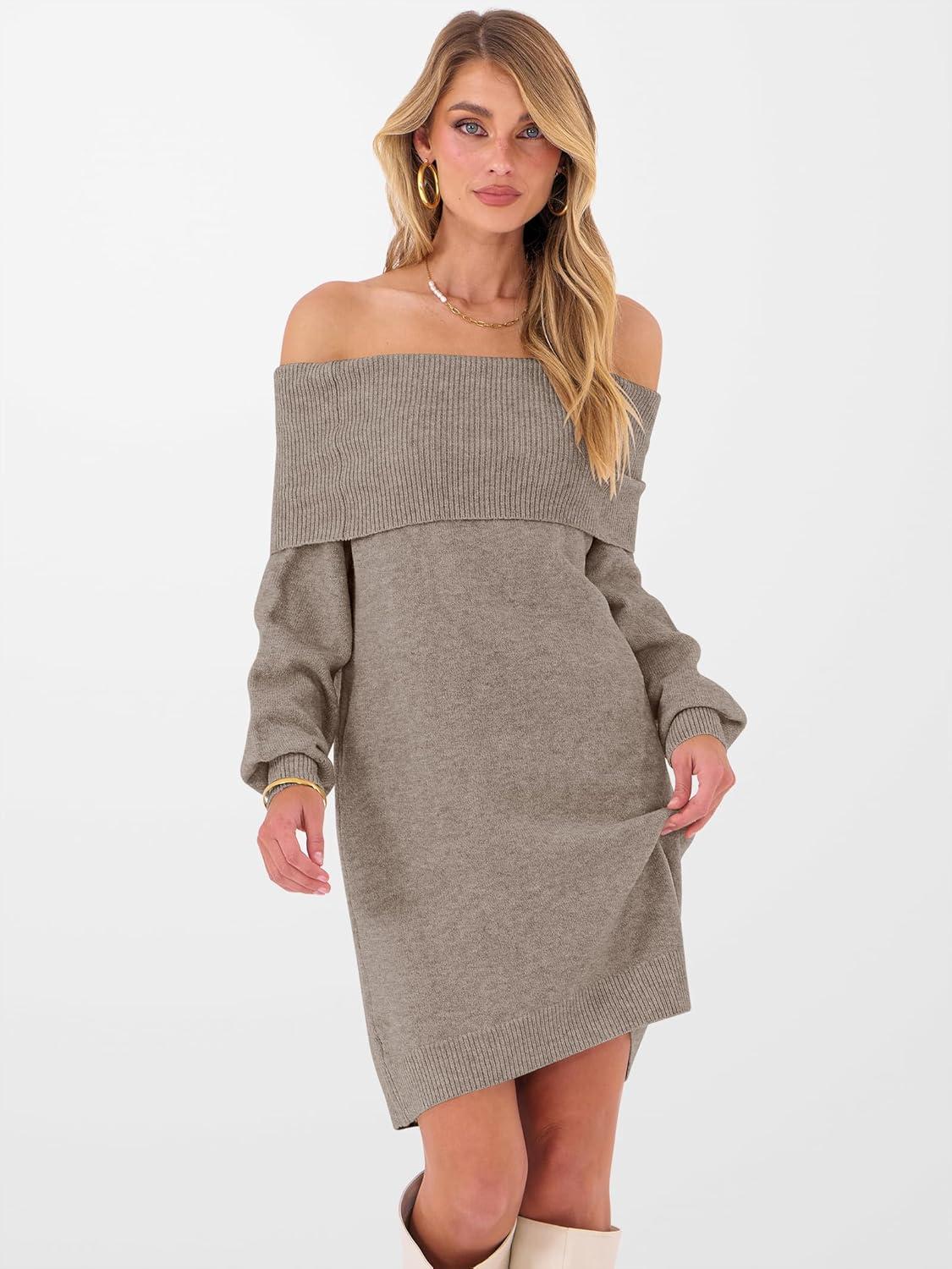 imageANRABESS Womens Off The Shoulder Sweater Dress Casual Loose Knit 2025 Fall Winter Trendy Long Sleeve Pullover Mini DressesLight Khaki