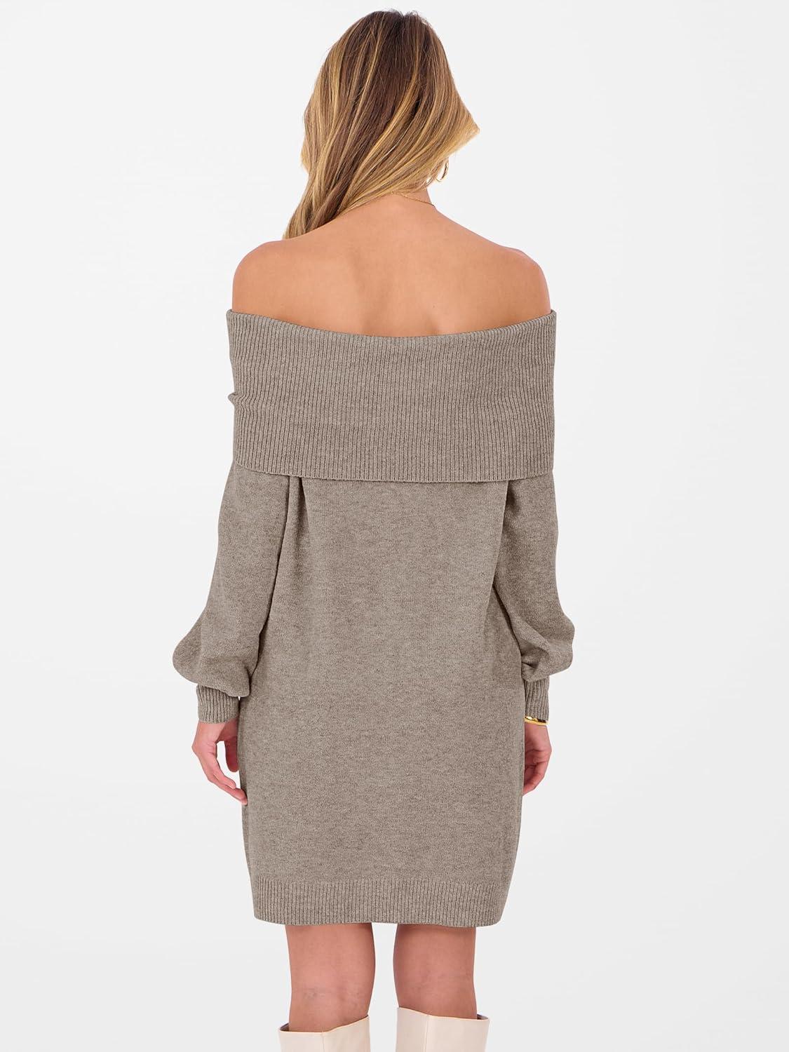 imageANRABESS Womens Off The Shoulder Sweater Dress Casual Loose Knit 2025 Fall Winter Trendy Long Sleeve Pullover Mini DressesLight Khaki