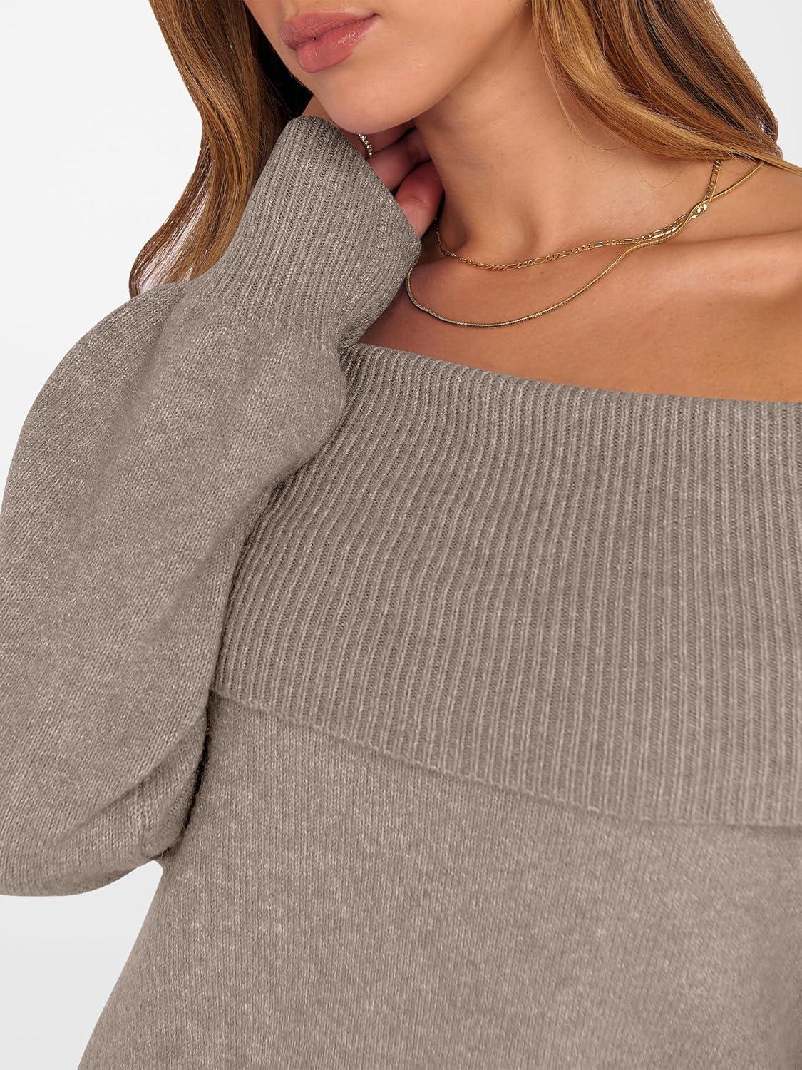 imageANRABESS Womens Off The Shoulder Sweater Dress Casual Loose Knit 2025 Fall Winter Trendy Long Sleeve Pullover Mini DressesLight Khaki