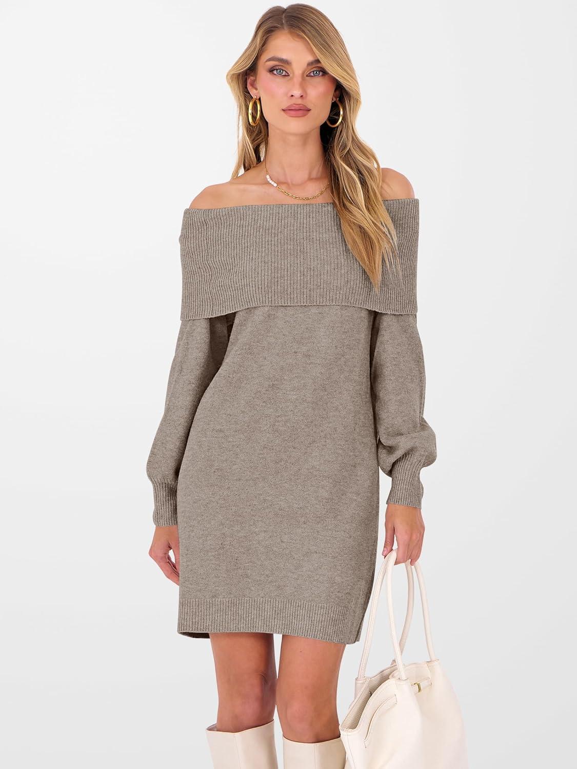 imageANRABESS Womens Off The Shoulder Sweater Dress Casual Loose Knit 2025 Fall Winter Trendy Long Sleeve Pullover Mini DressesLight Khaki