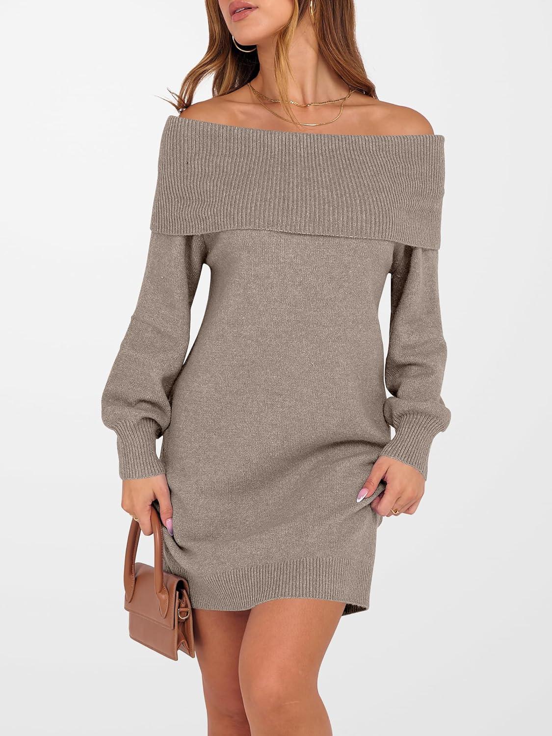 imageANRABESS Womens Off The Shoulder Sweater Dress Casual Loose Knit 2025 Fall Winter Trendy Long Sleeve Pullover Mini DressesLight Khaki
