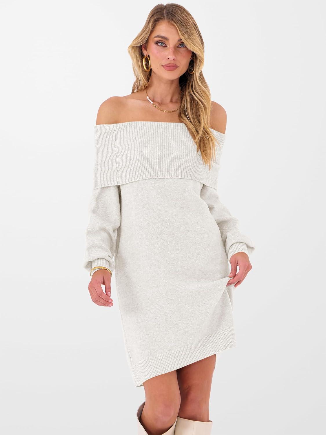imageANRABESS Womens Off The Shoulder Sweater Dress Casual Loose Knit 2025 Fall Winter Trendy Long Sleeve Pullover Mini DressesWhite