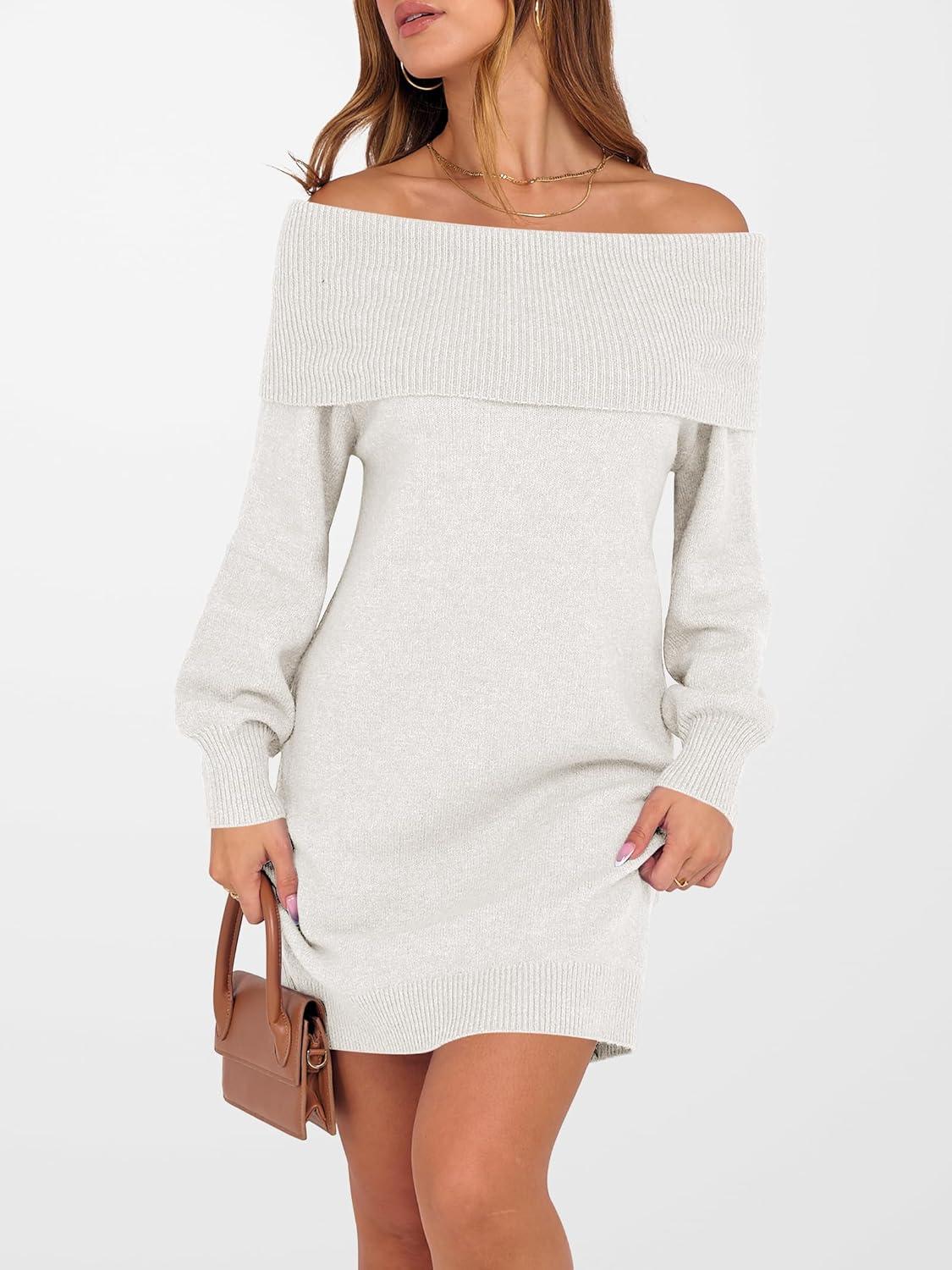 imageANRABESS Womens Off The Shoulder Sweater Dress Casual Loose Knit 2025 Fall Winter Trendy Long Sleeve Pullover Mini DressesWhite