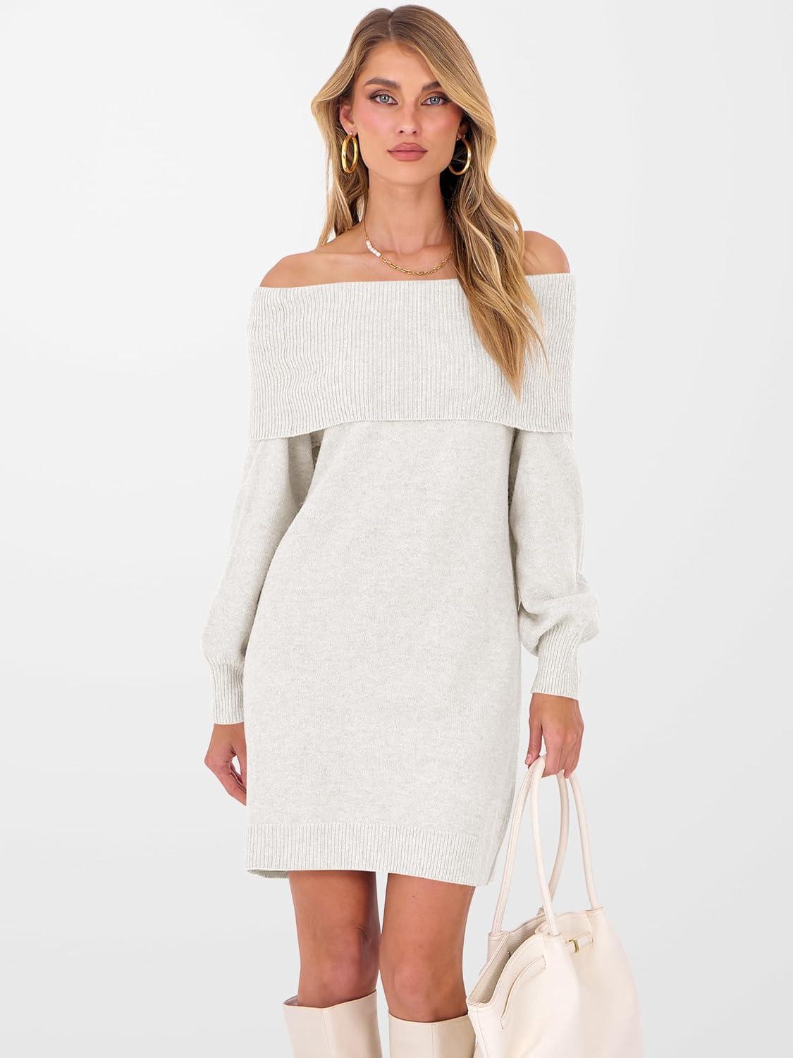 imageANRABESS Womens Off The Shoulder Sweater Dress Casual Loose Knit 2025 Fall Winter Trendy Long Sleeve Pullover Mini DressesWhite