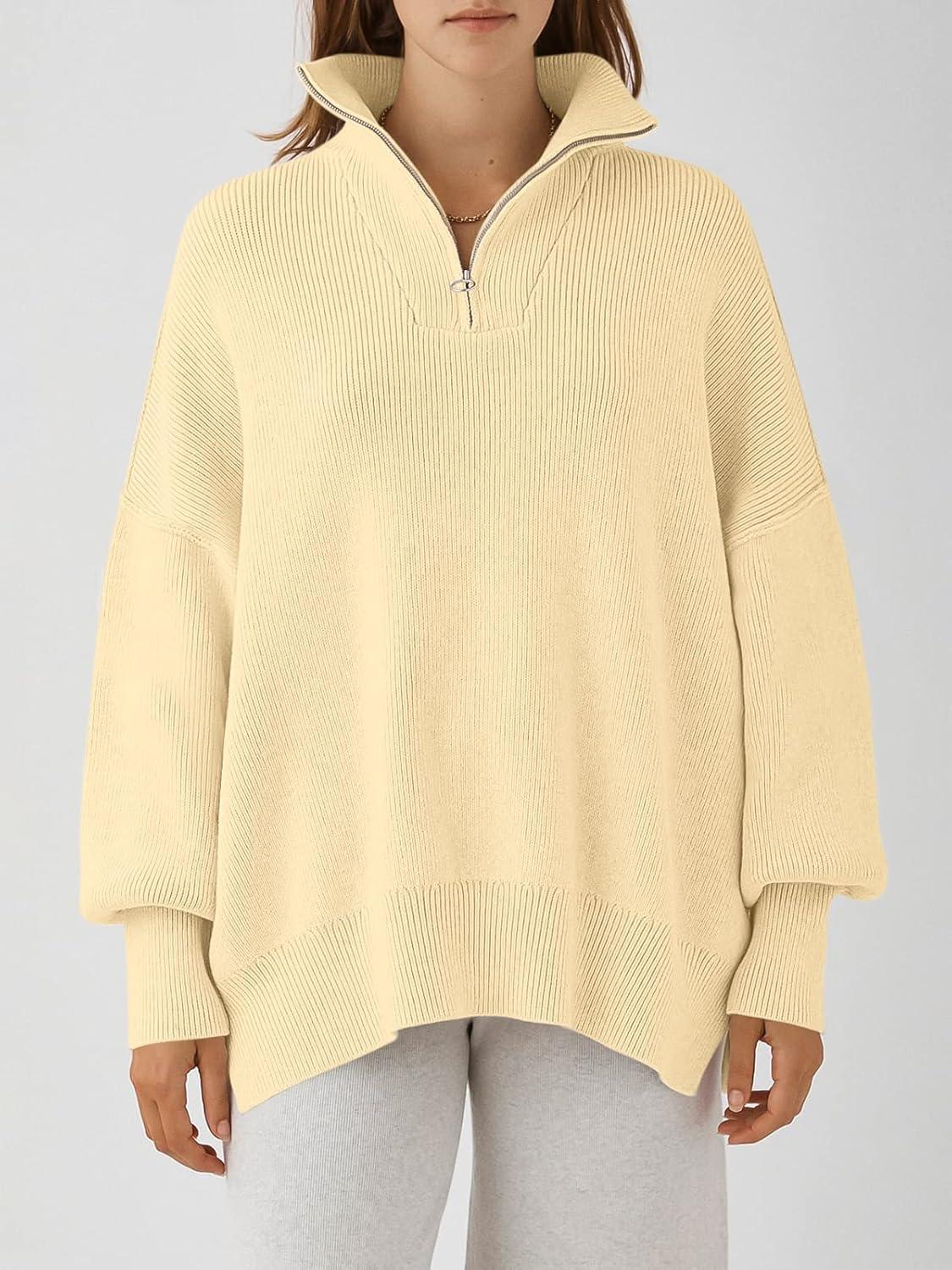 imageANRABESS Womens Oversized Fashion Long Sleeve Quarter Zip Baggy Loose Slouchy Sweater Pullover Tops 2025 Fall OutfitsApricot