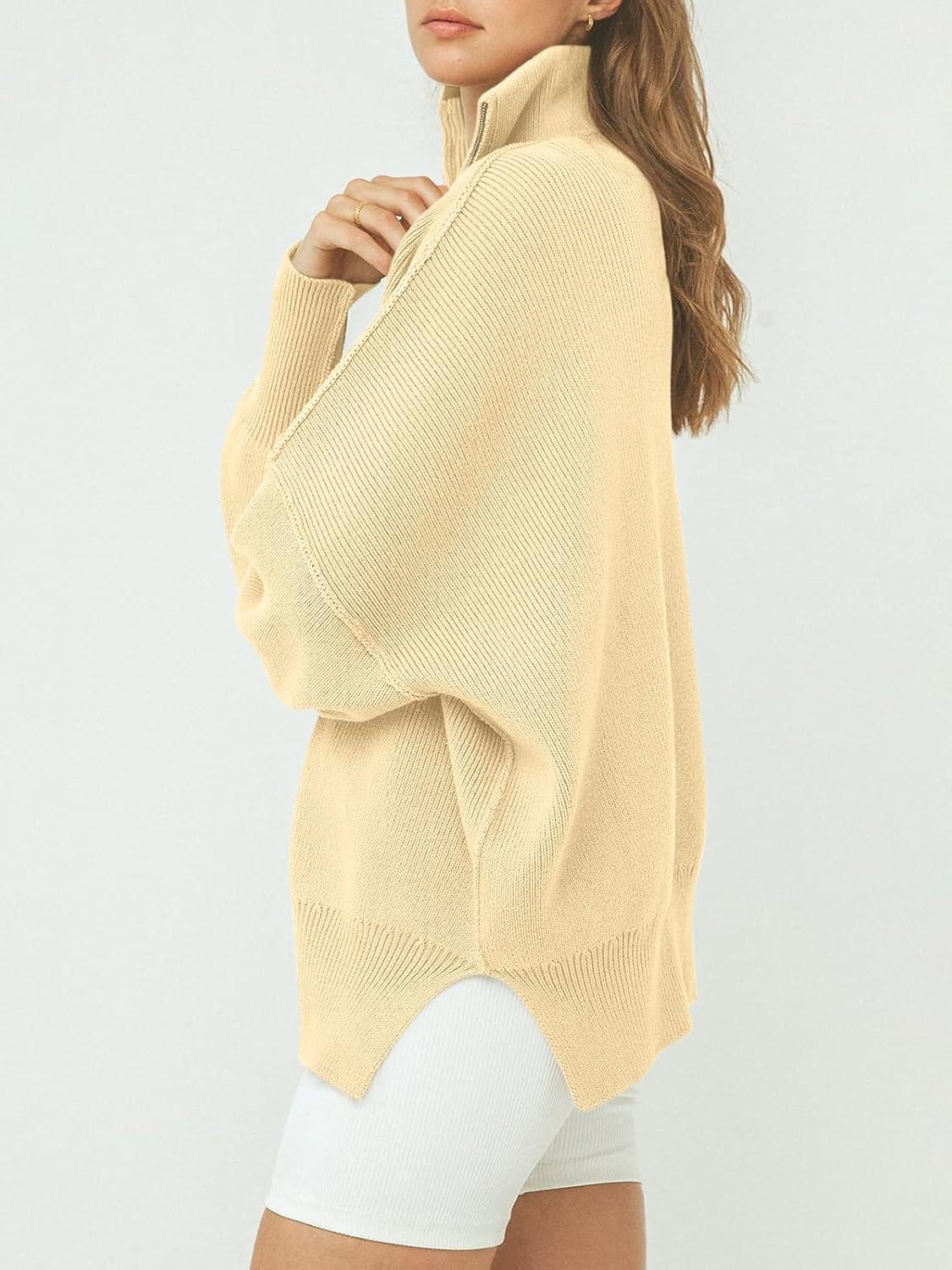 imageANRABESS Womens Oversized Fashion Long Sleeve Quarter Zip Baggy Loose Slouchy Sweater Pullover Tops 2025 Fall OutfitsApricot