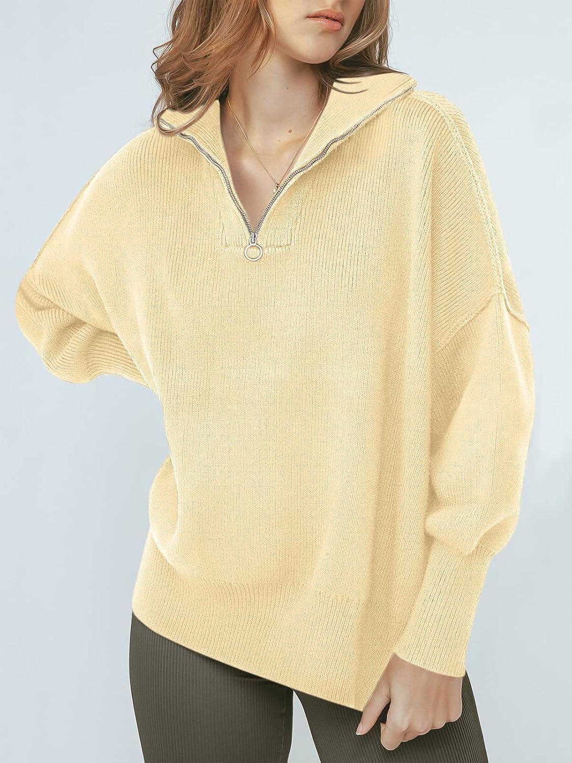 imageANRABESS Womens Oversized Fashion Long Sleeve Quarter Zip Baggy Loose Slouchy Sweater Pullover Tops 2025 Fall OutfitsApricot